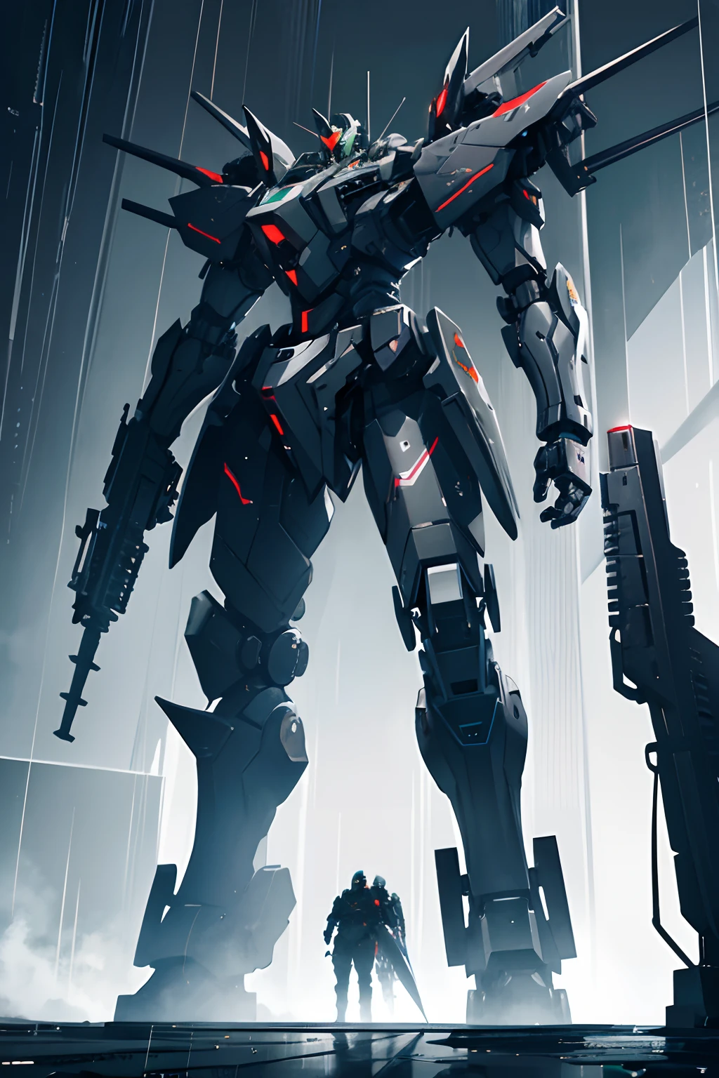 two gigantic 10 storey tall black/gray mech robot holding huge assault rifles on both hands with large shoulder missile launchers and a plasma blade fighting each other, intense battle, high detail, standing in a rainy city, 8k, high resolution