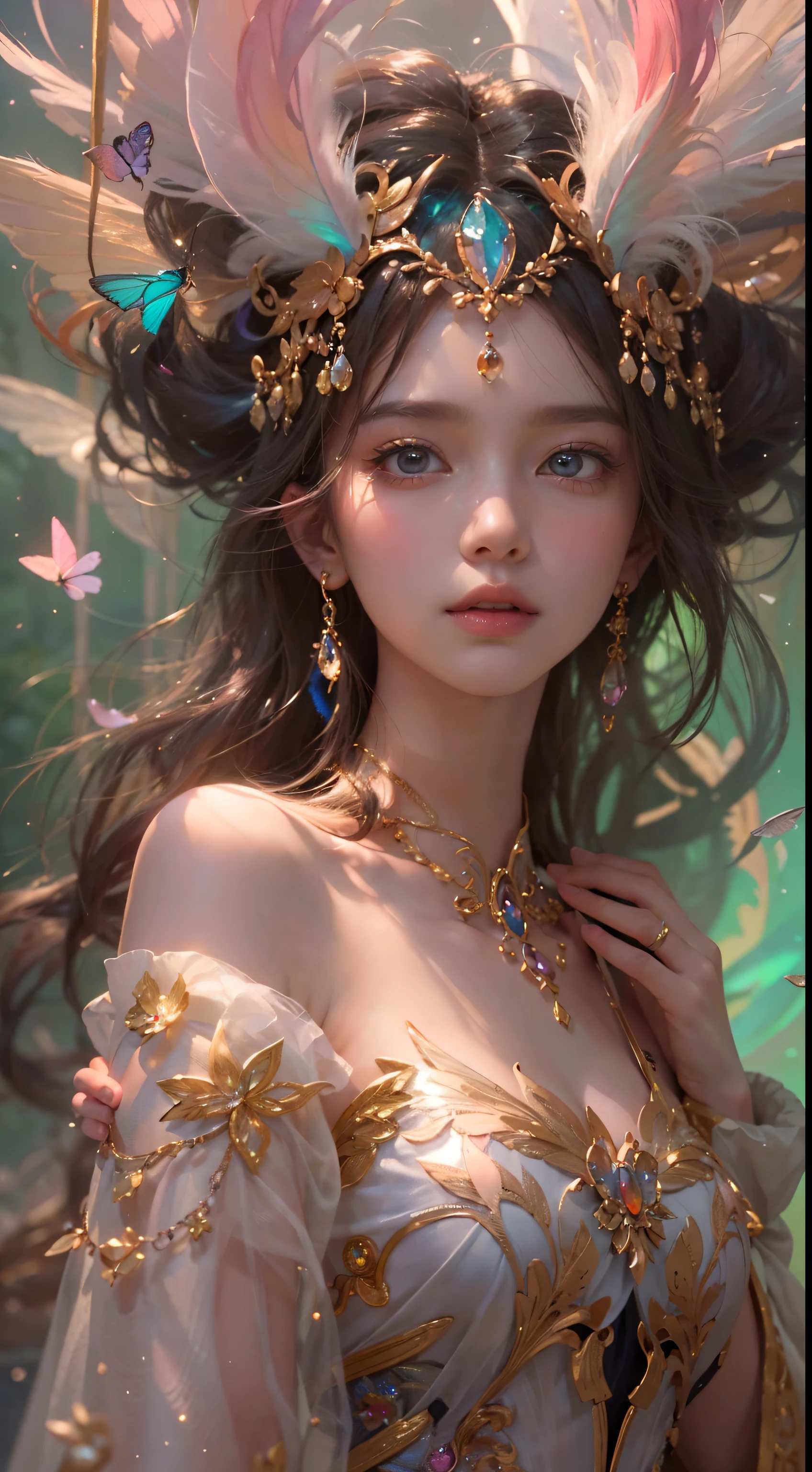 (((masterpiece))), (((best quality))), ((ultra-detailed)),(highly detailed CG illustration), ((an extremely delicate and beautiful)),cinematic light, Create a stunning fantasy artwork that mimics the style of currently trending masters of the genre. The art piece should contain elements of both mythic fantasy and fairytale fantasy with colorful accents. ((Utilize various shades of pink and watercolor pastels as the main color scheme.)) The character in the artwork is a delicate but strong petite figure with an aura of mystery and magic. Pay close attention to intricate facial features, such as mesmerizing eyes with vibrant colors and bold shading. The character's clothing should be designed with gossamer feathers, silk, stunning embroidery, and subtle iridescent details. Incorporate dreamy colors, dynamic lighting, and detailed background elements to create a sense of awe and immersion. Include colorful flying magical birds and jewel-toned butterflies radiating a magical aura. Consider the latest trends in fantasy art, such as incorporating unique lighting effects, exploring dynamic and compelling composition techniques, and experimenting with unique color palettes. Take inspiration from the top artists on ArtStation and Midjourney. Camera: Choose an angle that highlights the character's beauty and enhances the magical majesty of the artwork. Lighting: Utilize atmospheric lighting techniques to create depth and mood. Resolution: Aim for a high-resolution artwork to showcase intricate details and clarity. Art Inspirations: Seek inspiration from the trending artists on ArtStation, exploring different styles, genres, and themes.