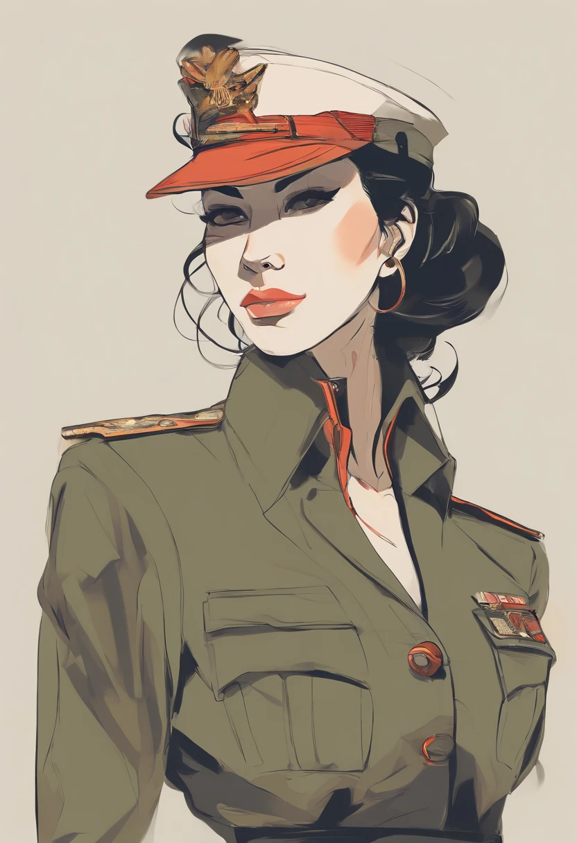 Elegant Sitted Army Female officer wearing army camouflaged uniform , makeup, mascara, Lips are overdued, colored, Minimalism, monotone, simple color palettes, Clean, sharp designs, flowing silhouettes, high-waisted belt, asymmetrical, geometric, Elegant and luxurious materials and designs, Simple, minimal accessories, Distinctive designs, simple silhouettes, chic and mature impression, simple and sophisticated style, elegance, minimalism, high quality materials, cool and urban impression, high fashion, , simplicity and sophistication, complex background. High angle