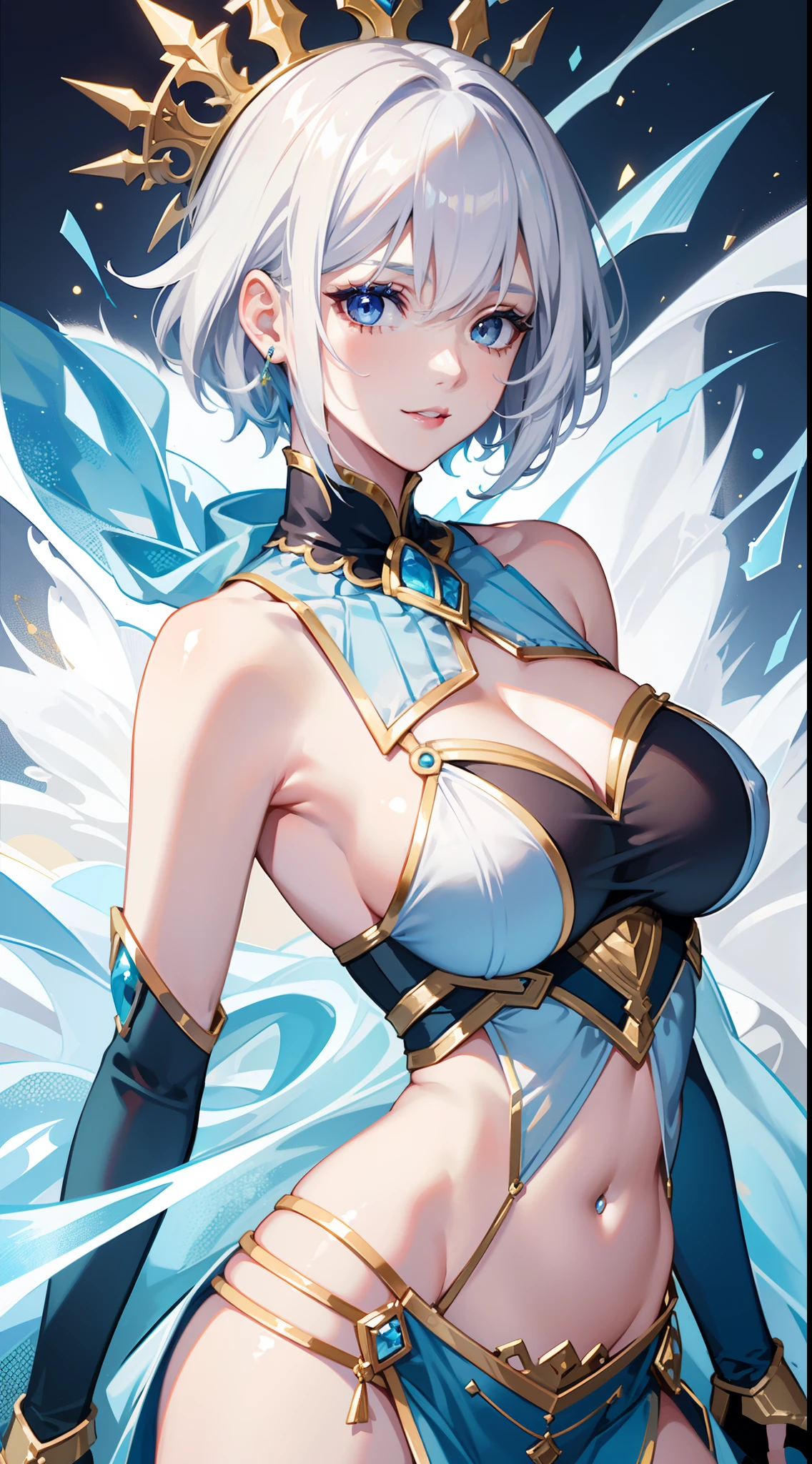 Adult woman, short white hair, blue eyes, ssmile, blue lipstick, The Queen's Transparent Dress, Gold Elements, Sleeveless, large breasts, open breasts, neckline on the chest, hiquality, 4k, HD, Good detail
