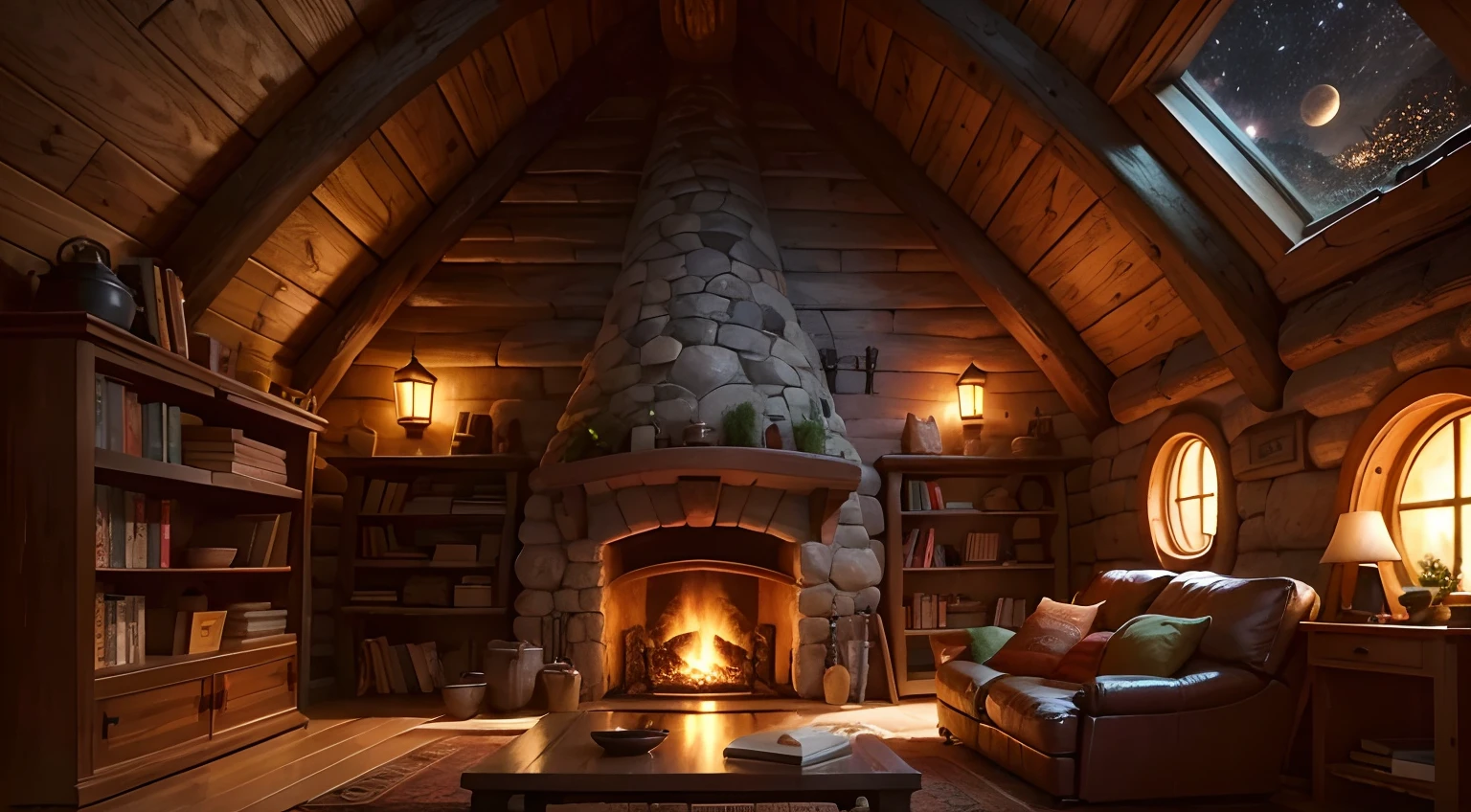 a cozy hobbit house at night, interior with rounded fireplace,with rounded windows, theres a cozy bookshelf full of books, a cozy coffee can and a coffee cup, a pile of firewood