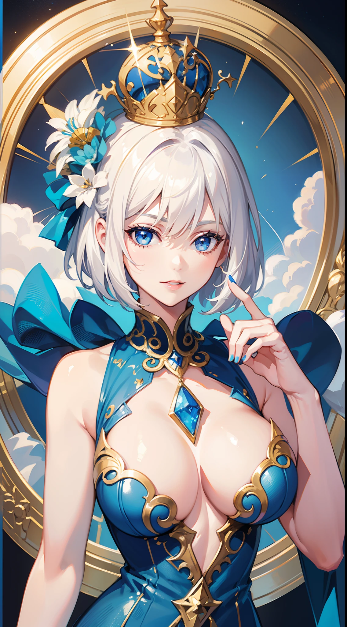 Adult woman, short white hair, blue eyes, ssmile, blue lipstick, The Queen's Transparent Dress, Gold Elements, Sleeveless, large breasts, open breasts, neckline on the chest, hiquality, 4k, HD, Good detail