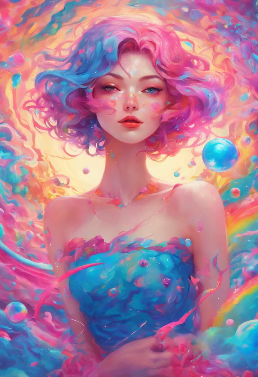 ((top-quality, 8K)), (Realistic), (Face Focus: 1.1), (cyan colors:1.3), (Green and purple colors: 1.2), girl with, short-hair, Hair fluttering in the wind, kindly smile, (Sleeveless: 1.1)、Skirt, C cup breasts, Countless soap bubbles, (Soap bubbles are red, yellow and orange:1.2), Photo of the body from the waist up, Looking up, Hands stretched up,