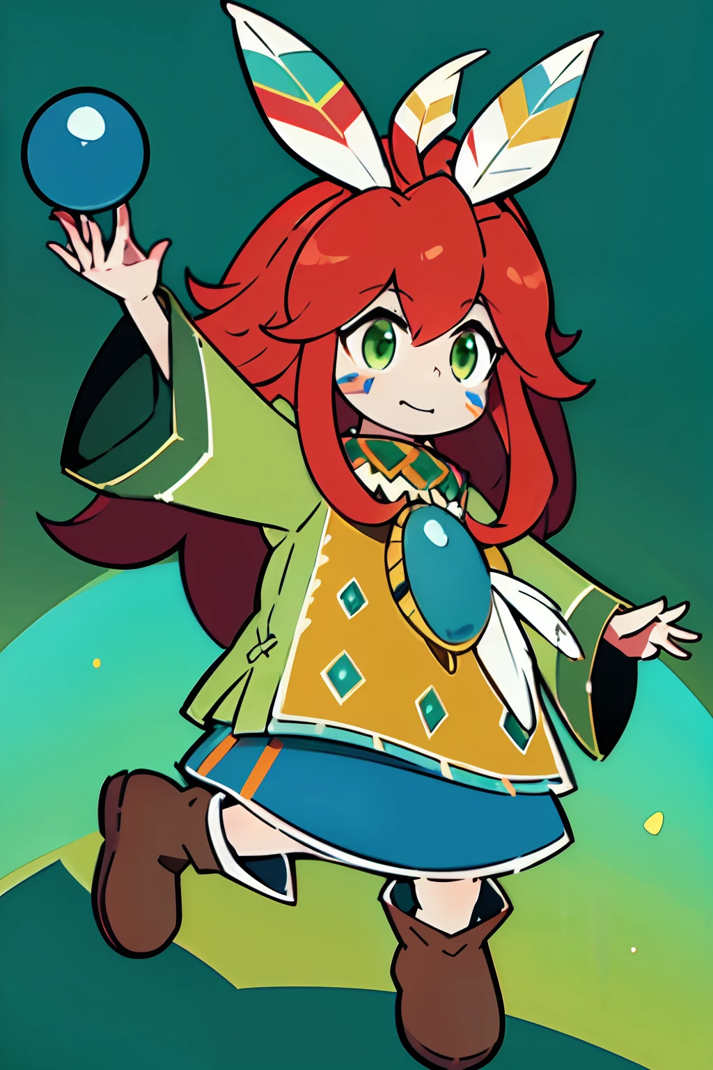 Popoi, 1other, child, long red hair, hair ornament ((head feathers)), green decorative tunic, brown boots, yellow-green eyes, huge blue necklace, androgynous, ((red and blue facepaint)), perfect anatomy, solo
