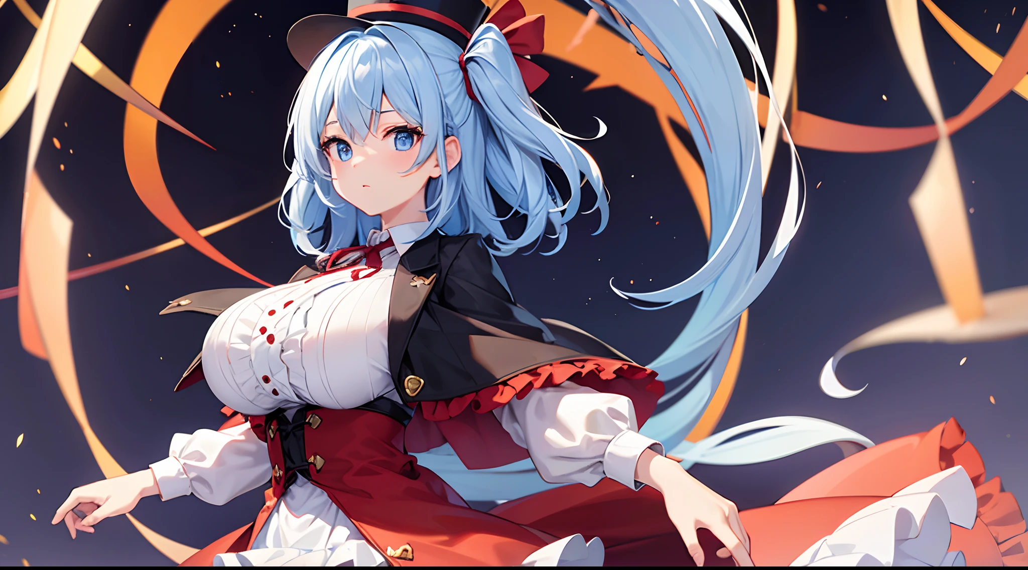 1 girl, game CG, frilled white shirt, short red skirt, cloak, top hat, neck ribbon, string hair ribbon, gigantic breasts, light blue hair, middle hair, two side up, blue eyes, Halloween background,