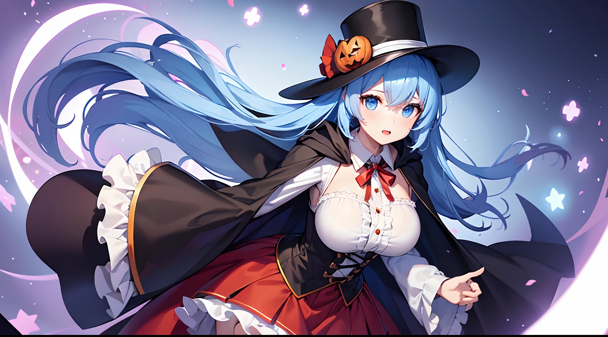 1 girl, game CG, frilled white shirt, short red skirt, cloak, top hat, neck ribbon, gigantic breasts, light blue hair, middle hair, two side up, blue eyes, Halloween background,
