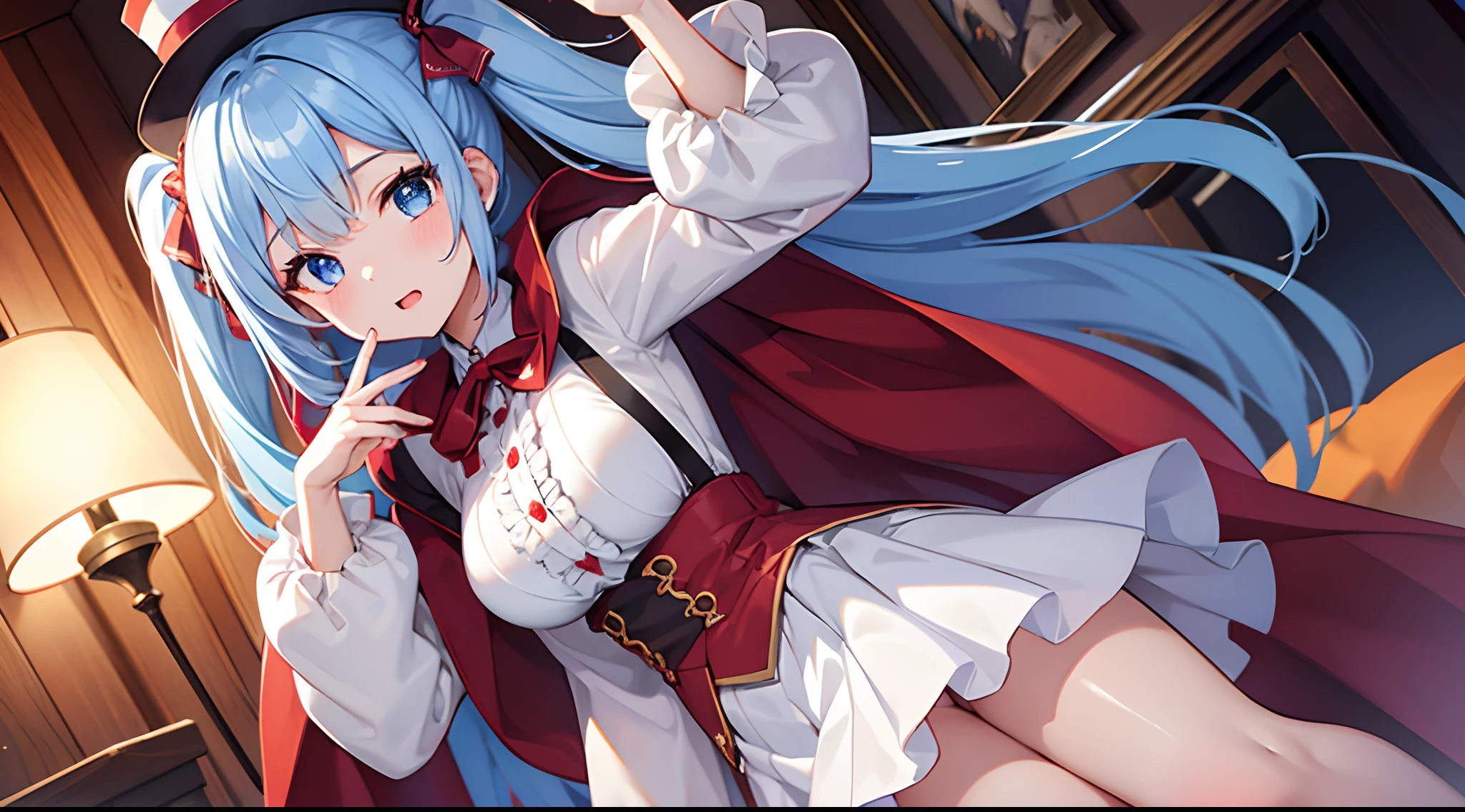 highest quality、one girl,full body figure,child、Perfect five-finger、two perfect legs、two perfect legs、Roxy Migurdia、blue eyes, blue hair, bangs, brown cape, witch hat, braid,、shy face、perfect thing、detailed description、small details、detailed face、white skin、Voluptuous legs、Skirt flip、lift skirt、White panties、whitepanty、Looking back at erotic poses、turn around、Pose that emphasizes the buttocks