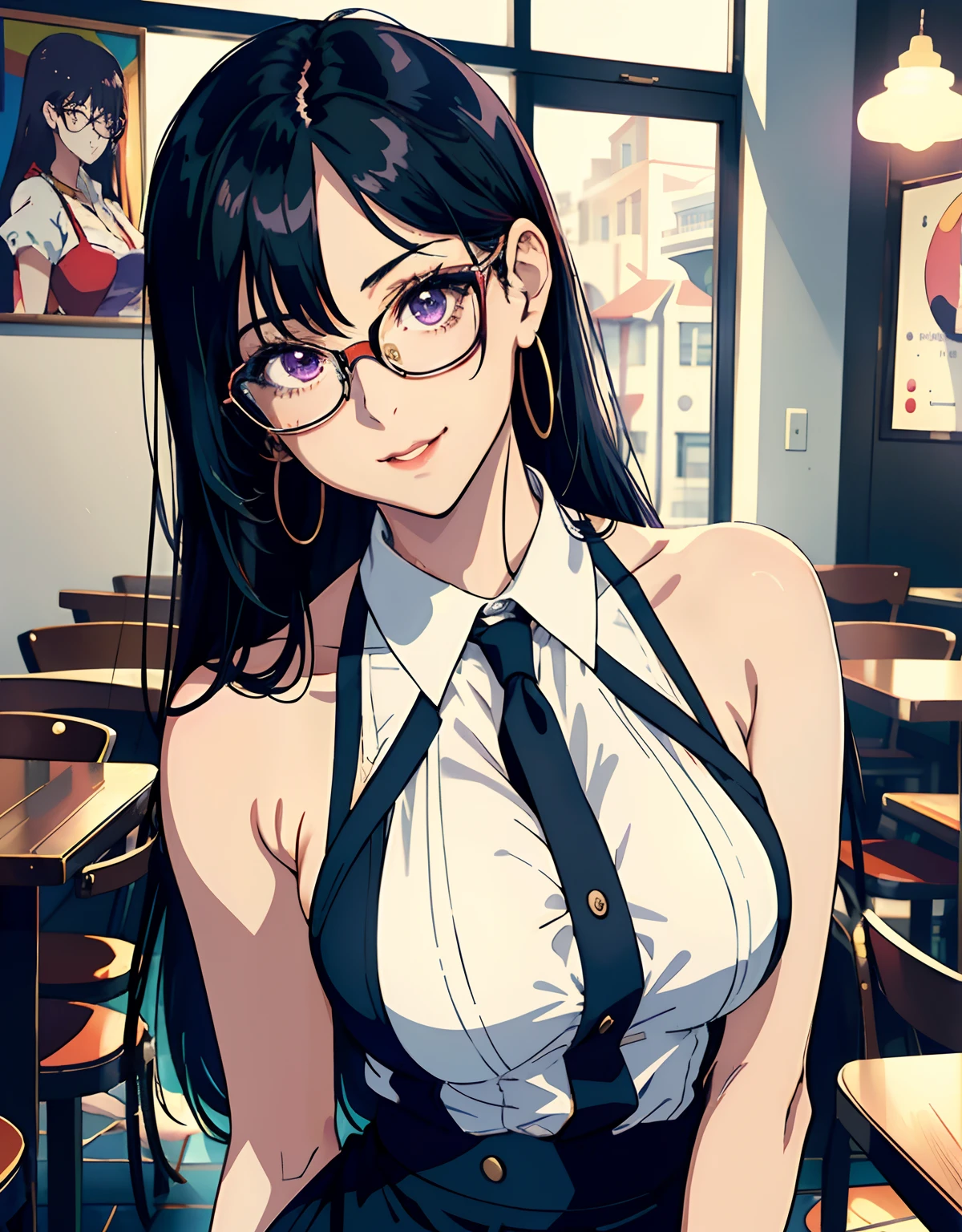 ((masterpiece, best quality)), (1girl, anime girl in the cafe, retro style),(mature), (solo), (female focus), (black hair, straight hair),purple eyes, glasses,((sexy waitress, exposed shoulder)), pale skin, smile, portraits, close up, upper body, vibrant colors, soft lighting