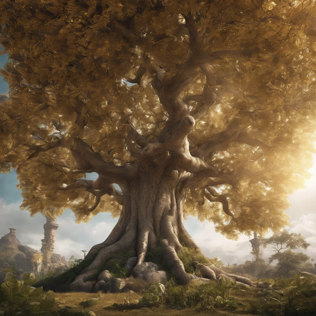 Best quality，A tree is surrounded by vines，The tree is surrounded by gold coins