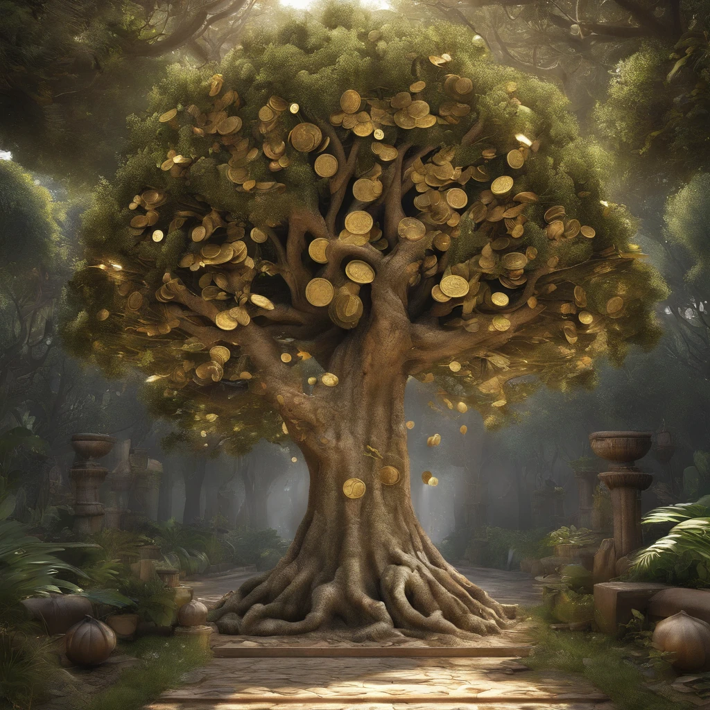 Best quality，A tree is surrounded by vines，The tree is surrounded by gold coins