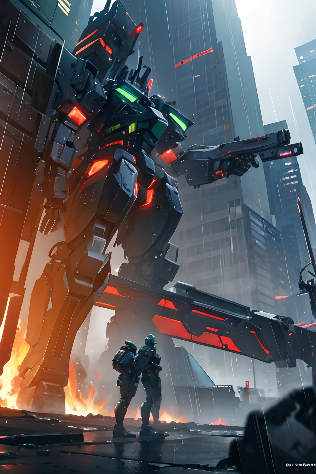 a gigantic 10 storey tall mech robot with assault rifles fighting another gigantic mech robot with a plasma blade in a rainy city, 8k, high resolution