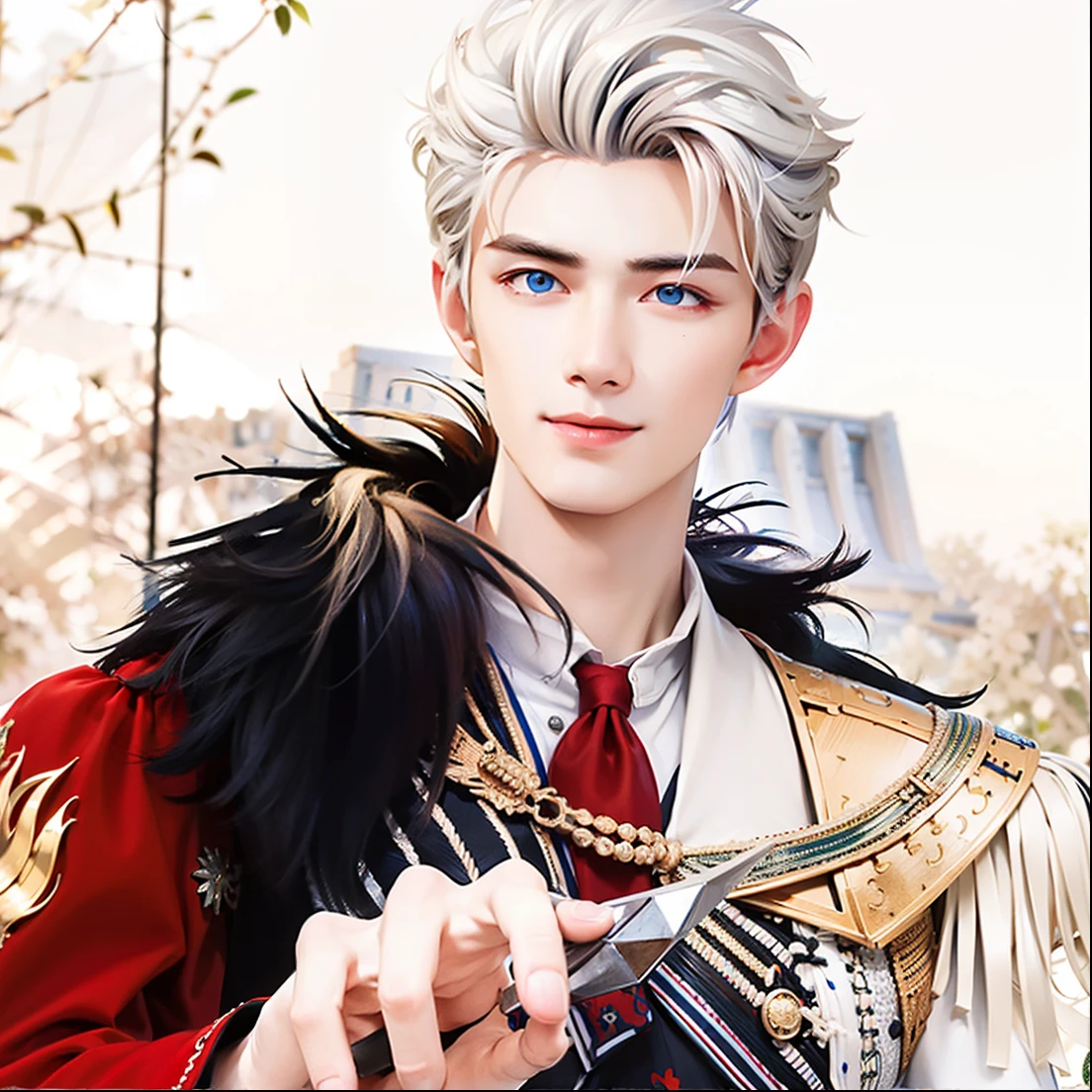 masculine male, masterpiece, ((perfect eyes)) best quality, (semirealism:1.9), beautiful lighting, (extremely detailed CG unity 4k fhd wallpaper), High Detail, Sharp focus, dramatic outdoors, 1 boy ,19 years old, white hair, light purpel eyes, smile.