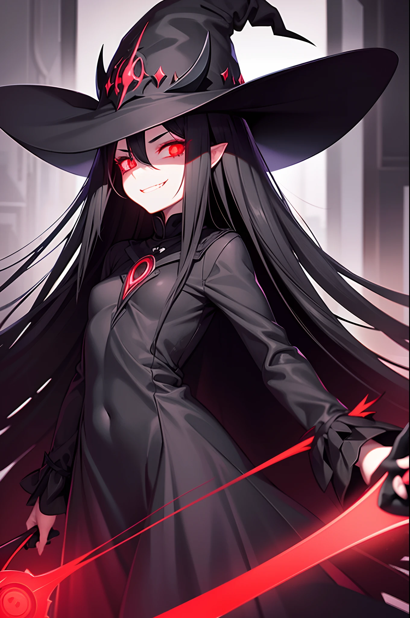 1 Girl, very long black straight hair, glowing red eyes, black witch attire, black witch hat, skull on hat, staff, evil smile, villain, dangerous, night city, beutiful, black magic.