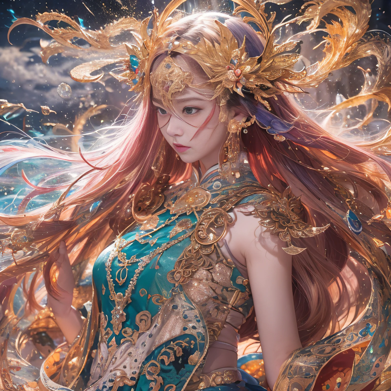 Beautiful,Immaculate(CG 8k wallpaper extremely detailed, Masterpiece, Best quality, Ultra-detailed), (better lighting, better shade, Extremely delicate and beautiful), Floating, High saturation, Dynamic Angle, ((1girll)), Gorgeous, ningguangrnd(Orchid evening dress) Black hair, Black eyes, Very long hair, hair adornments, bangs