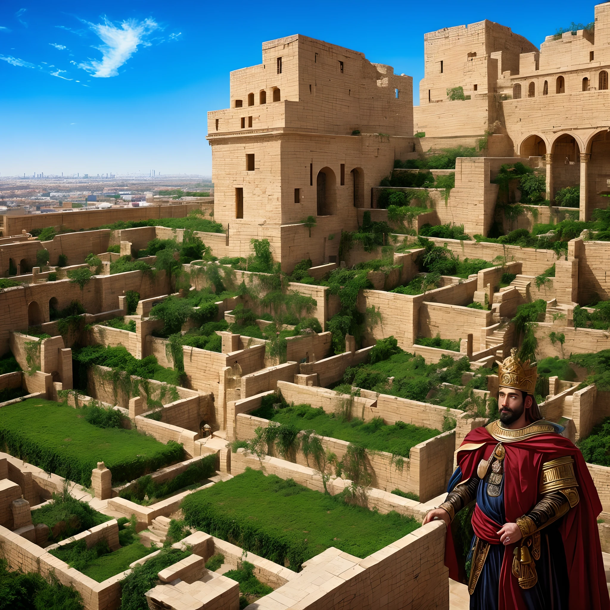 Generate an image of King Nebuchadnezzar of Babylon, um homem imponente e poderoso, usando uma coroa ornamentada de ouro e vestindo roupas reais ricamente decoradas. He stands before the famous Hanging Gardens of Babylon, One of the most remarkable architectural feats of his reign, enquanto observa seu reino com um olhar majestoso. The City of Babylon, with its high walls and bronze gates, is seen in the background, showing the greatness of his empire."