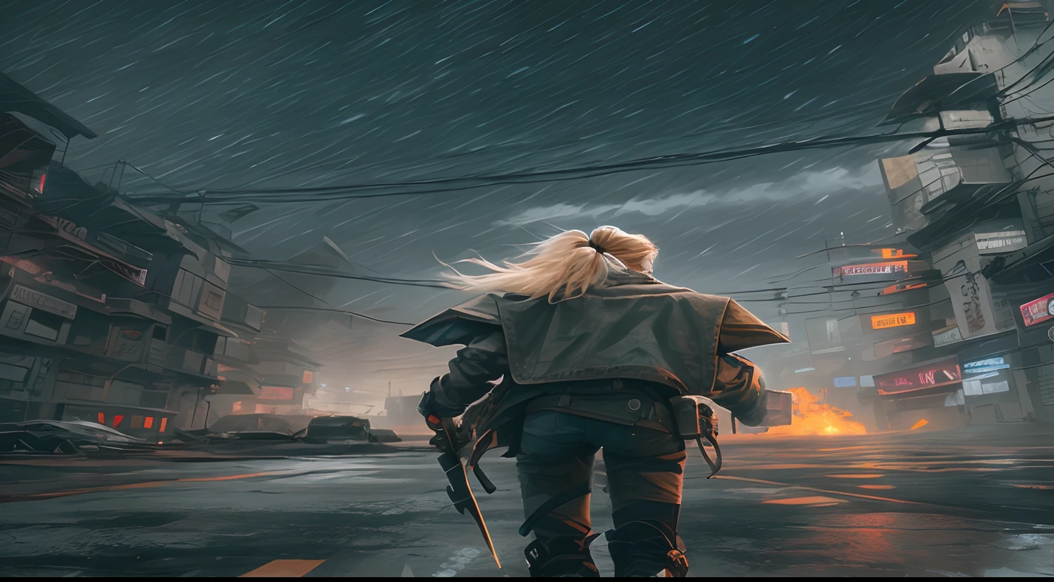 Hay una mujer caminando por la calle con una patineta, in a post apocalyptic city, Andreas Rocha Estilo, stylized urban fantasy artwork, Set in post-apocalyptic Tokyo, in a post apocalyptic setting, inspirado por Andreas Rocha, Wojtek FUS, Kinematic. por leng jun, cinematic digital painting, cinematic photograph concept art, apocalyptic 8 k, apocalyptic 8k