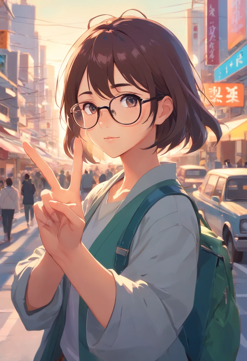 arafed woman with glasses making a peace sign with her hand, with glasses, artwork in the style of guweiz, wearing thin large round glasses, guweiz, wearing small round glasses, with square glasses, with glasses on, girl wearing round glasses, girl with glasses, artgerm and atey ghailan, realistic. cheng yi