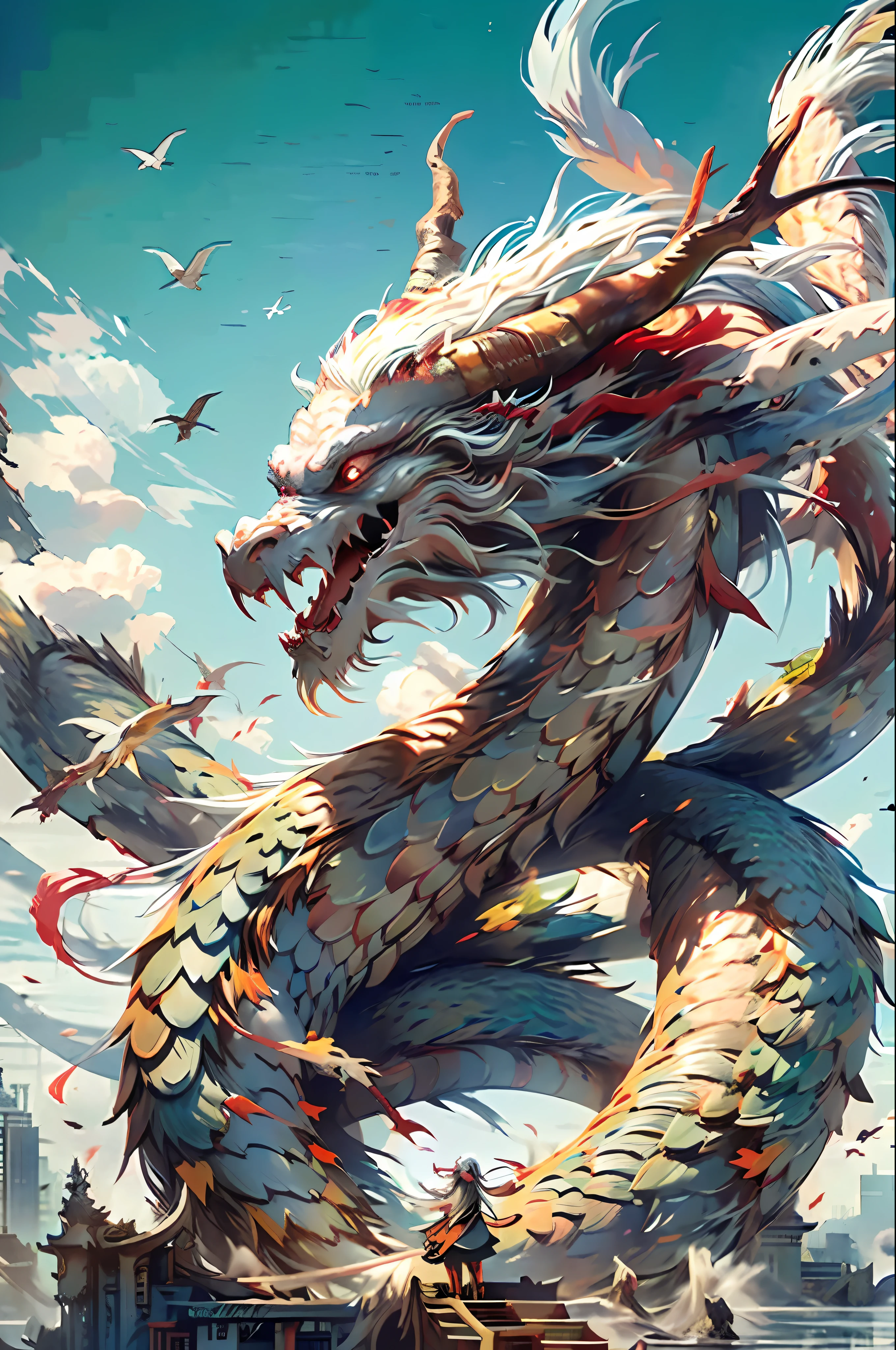 Best quality,masterpiece,ultra high res,nu no humans, (long:1.2),long hair, sharp teeth, red eyes, teeth, giant, 1girl, bird, outdoors, standing, scales, cloud, horns, from behind, armor, sky, open mouth, monster, size difference, white hair, building