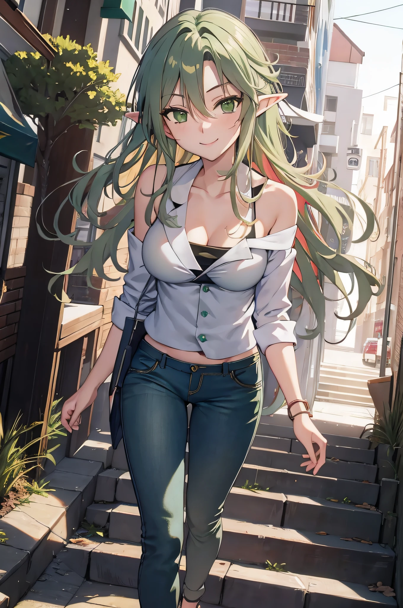 (masterpiece, best quality, detailed) ,1girl, highelfarcher, high elf archer, elf, (green eyes:1.5), (green hair:1.2), hair between eyes, long hair, pointy ears, sidelocks, jeans walking down the street,cute anime girl, pretty anime girl, smooth anime cg art, beautiful anime girl, attractive anime girl, ecchi anime style, seductive anime girl.teasing smile, clean detailed anime art,high resolution, (perfect hands, perfect anatomy),