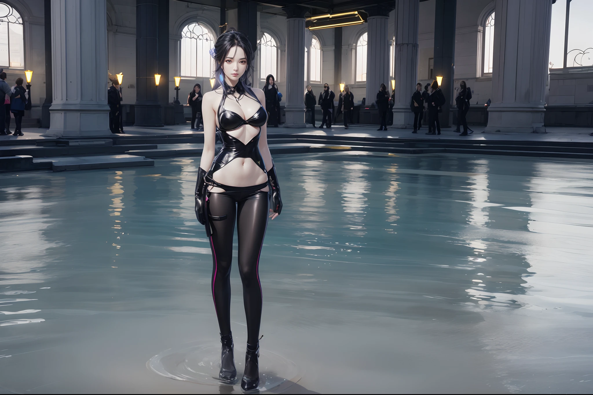 (globalillumination、R18,radiography、hdr、The rendering is not realistic、reasonable design、high detal、in a panoramic view、best qualtiy、hyper HD),fully body photo,exteriors,one-girl,Get wet