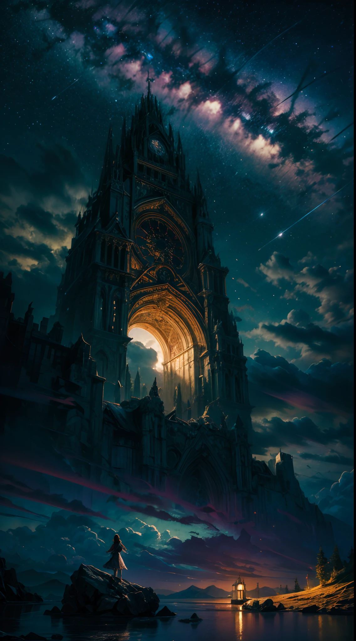 Uma menina olhando para a noite estrelada, Estrelas, Cloud, estrelas cadentes, lua cheia, Olhando para o Viewer, (Menina Foco:0.6)quebrar,circunstanciado,Realistic,Arte digital altamente detalhada em 4k,octan render, bioluminescente, break 8K resolution concept art, realismo,by Mappa Studios,master part,best quality,Arte Oficial,illustration,Linha clara,(Fresco_Cor),perfect composition,absurdos, fantasia,concentrado,regra de terceiro