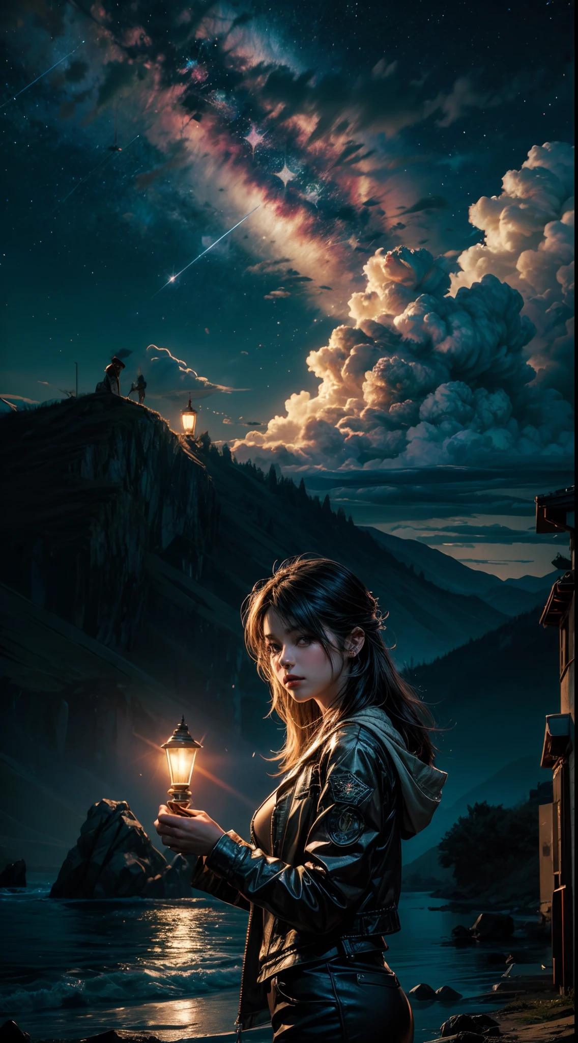 Uma olhando para a noite estrelada, Estrelas, Cloud, estrelas cadentes, lua cheia, Olhando para o Viewer, (Menina0.6)quebrar,circunstanciado,Realistic,Arte digital altamente detalhada em 4k,octan render, bioluminescente, break 8K resolution concept art, realismo,by Mappa Studios,master part,best quality,Arte Oficial,illustration,Linha clara,(Fresco_Cor),perfect composition,absurdos, fantasia,concentrado,regra de terceiro