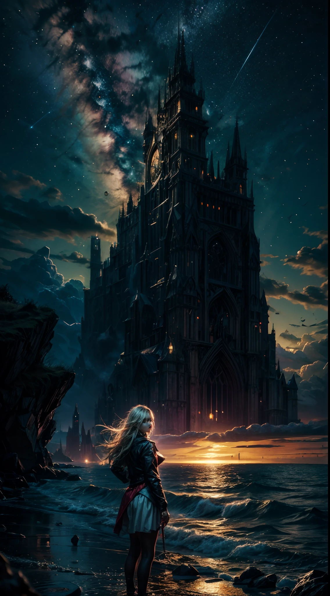 Uma menina olhando para a noite estrelada, Estrelas, Cloud, estrelas cadentes, lua cheia, Olhando para o Viewer, (Menina Foco:0.6)quebrar,circunstanciado,Realistic,Arte digital altamente detalhada em 4k,octan render, bioluminescente, break 8K resolution concept art, realismo,by Mappa Studios,master part,best quality,Arte Oficial,illustration,Linha clara,(Fresco_Cor),perfect composition,absurdos, fantasia,concentrado,regra de terceiro