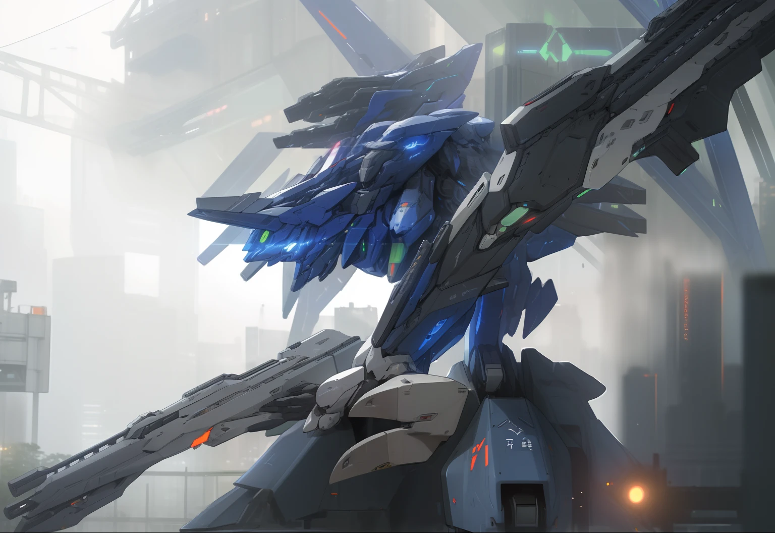 huge mech that is 10 storeys tall in a rainy city, with assault rifles and a plasma blade in its hand, 8k, high resolution