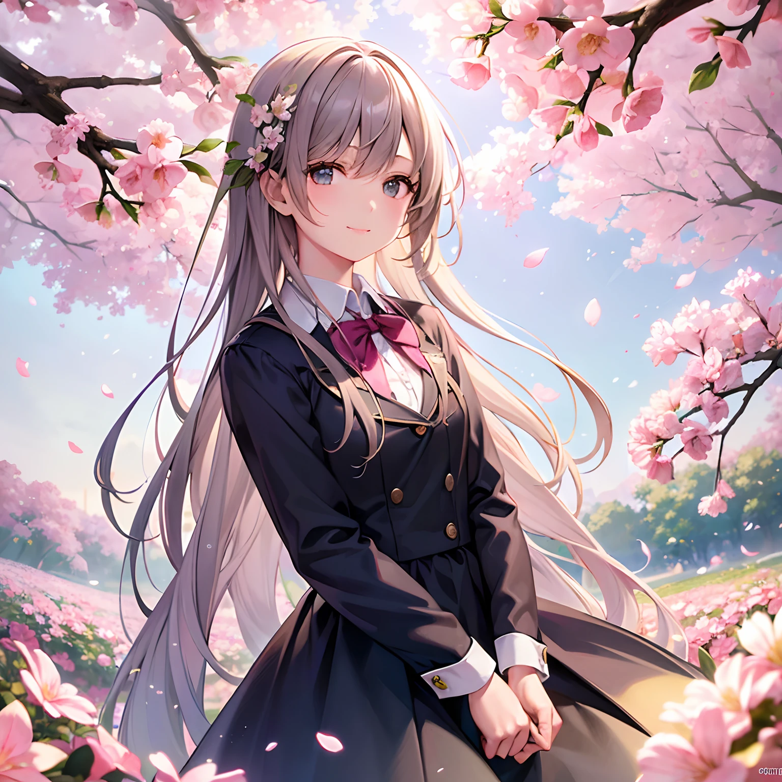 Girl in the flower garden, Surrounded by blooming cherry blossoms, Wear a school uniform, She shines, Sparkling eyes and a gentle smile. The sun's rays cast a warm glow on her, Emphasize her delicate features. Flowers look vivid and lively, Intricate details of each petal. The scene is full of tranquility and a sense of tranquility. The colors are vivid and saturated, A palette of soft pastel colors dominates the overall tone. The lighting is soft and dreamy, Creating a whimsical atmosphere. Final artwork must be of the highest quality, Ultra-detailed rendering and vibrant colors. The style should capture the beauty and elegance of the painting, With a touch of realism and photorealism