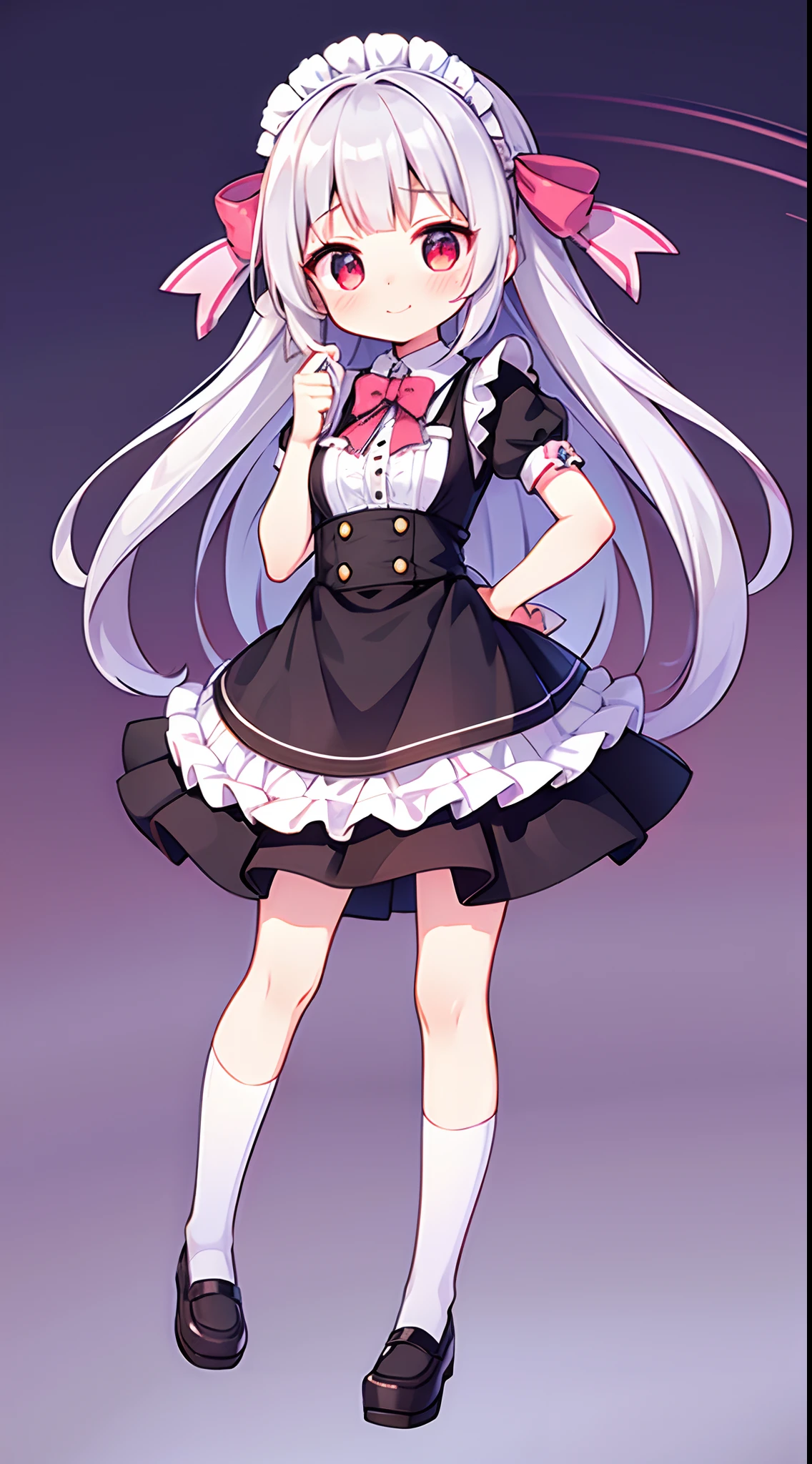 8K picture quality，silber hair,Red-eyed girl,cute little ,Long hair,Heartwarming,a miniskirt,Lolita,A smile,Thumbnail styles，maid clothes，fluffly，full body Esbian,Embarrassed expression,pink sky background,cute background