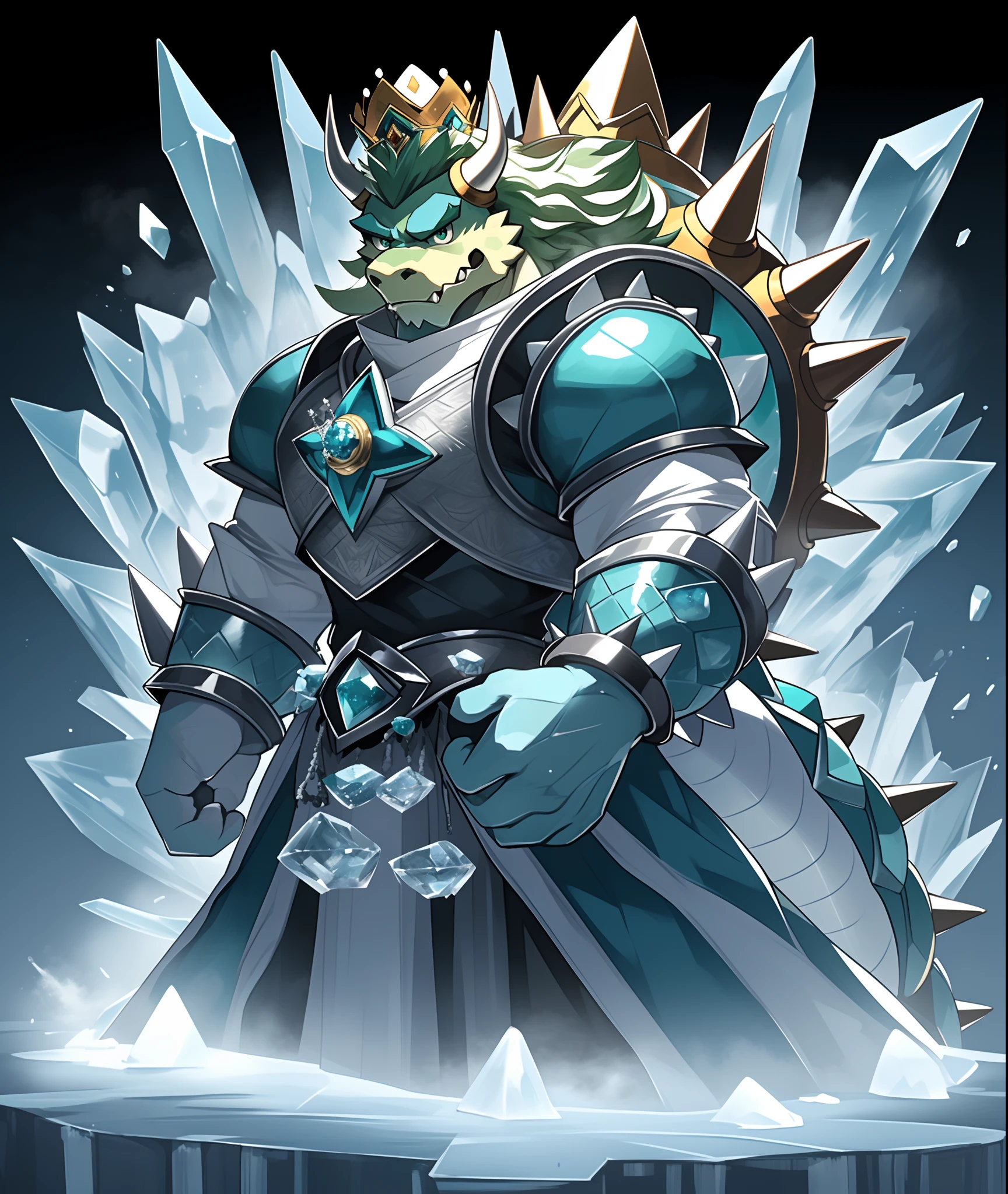 Frosty Bowser, elegant green mane, silver crown with sapphire, teal-blue shell and white scales, ice breath, masterpiece, best quality