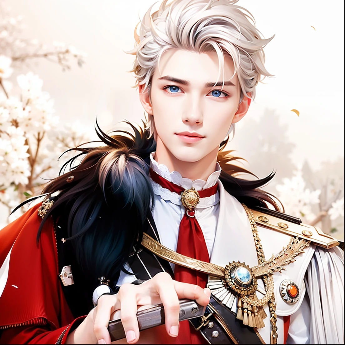 masculine male, masterpiece, ((perfect eyes)) best quality, (semirealism:1.9), beautiful lighting, (extremely detailed CG unity 4k fhd wallpaper), High Detail, Sharp focus, dramatic outdoors, 1 boy ,19 years old, white hair, light purpel eyes, smile.