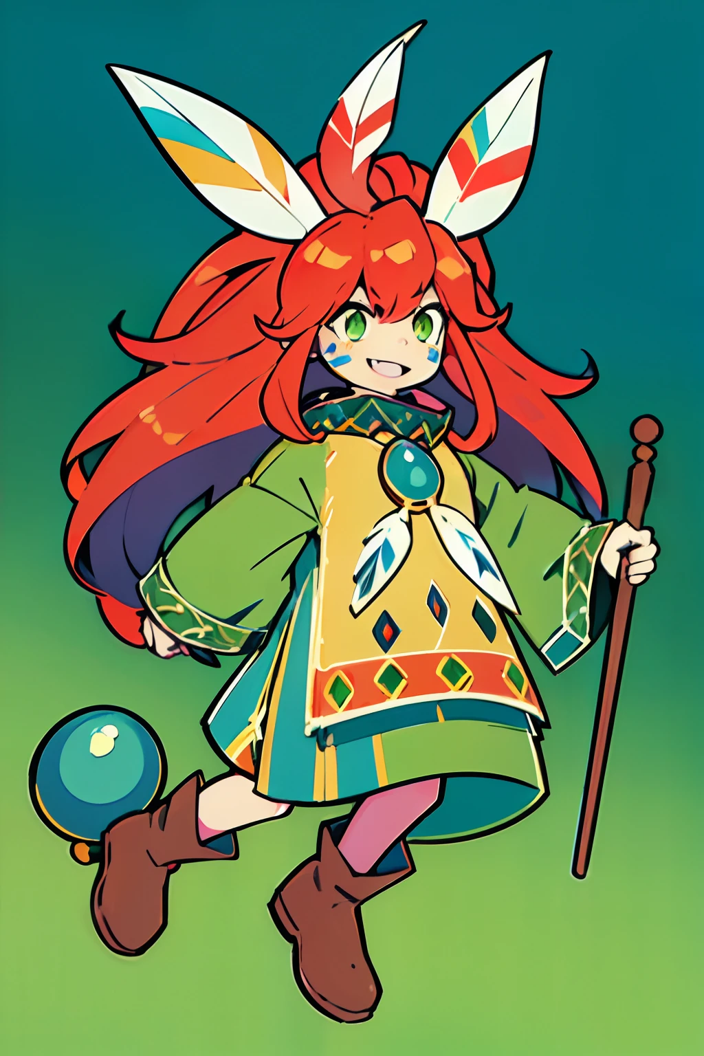 Popoi, 1other, , long red hair, hair ornament ((head feathers)), green decorative tunic, brown boots, yellow-green eyes, huge blue necklace, androgynous, ((red and blue facepaint)), perfect anatomy, solo