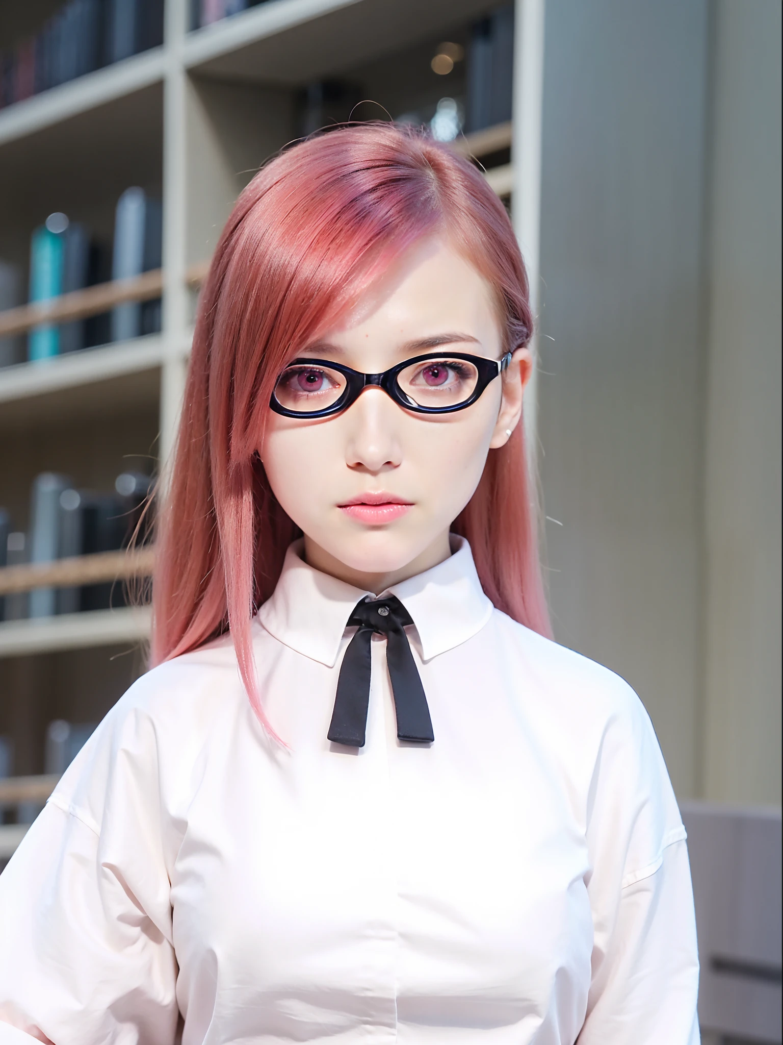 High quality image, masterpiece, detailed hair texture, detailed skin texture, detailed cloth texture, 8k, add fabric details, ultra detailed skin texture, ultra detailed photo, skin pores, portrait of a girl, pink hair, wearing a glasses, wearing a dress, add cloth details, high skin details, realistic hair details