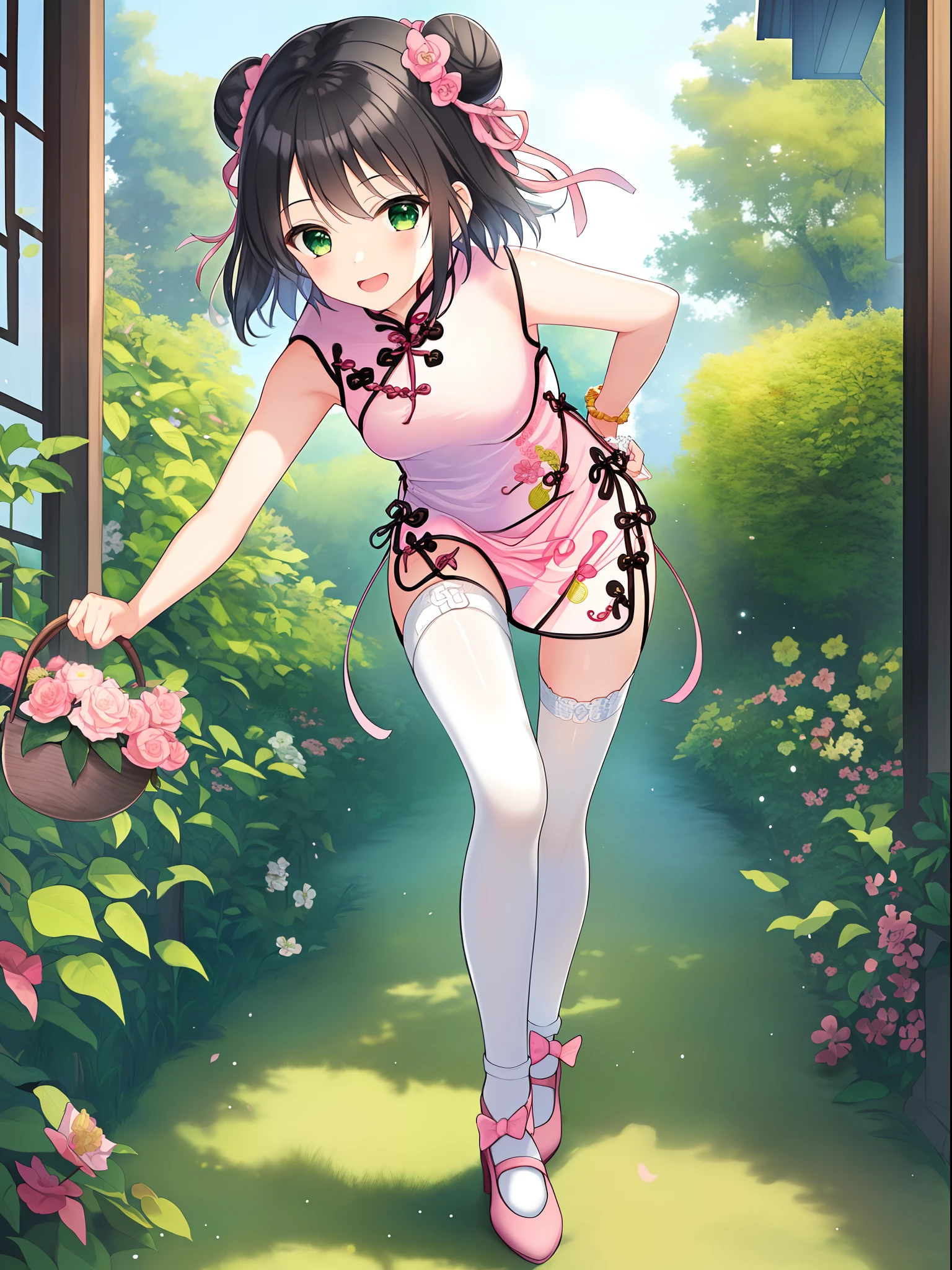 1 girl, solo, masterpiece, highres, ultra details, CG quality, cute , full body, (black hair:1.3), green eyes, high quality eyes, high quality hands, (twin buns:1.3), (hair ribbons:1.3), (short hair:1.6), (pink short cheongsam:1.6), no sleeves, small breast, silver bangles, white jacquard pantyhose, (pink embroidered flat shoes:1.3), bows on shoes, wandering, delighted, carrying a flower basket, looking around, spinning on tiptoe, forest, high quality background, depth of field