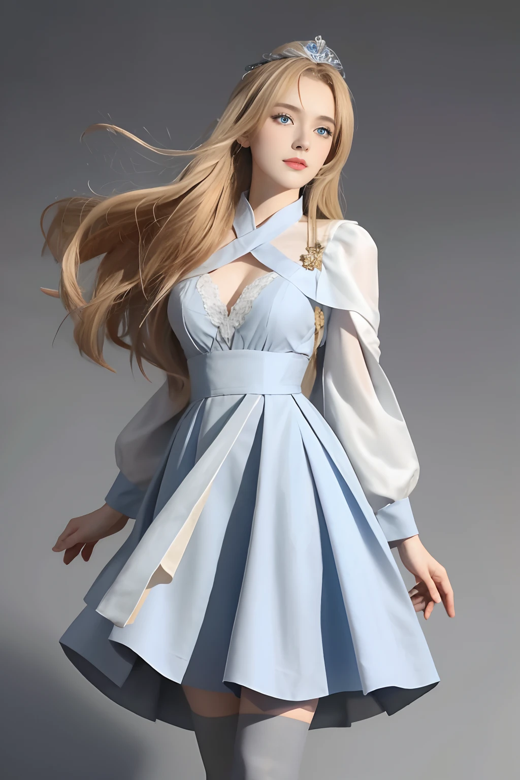 8K,Need,tmasterpiece,high detal,Semi-realistic,hoang lap,bump,1 girl,younger female,Chinese girl,Pouting,19years old,lieutenant,Long blonde hair covered by bangs on his right eye,blue right-eyed,Jewelry Crown,Azure Chinese dress,long skirt,Light gray stockings,slimfigure,full-body portraits,akimbo,Blue and gray high heels,Cross your hands at the waist,kiss,Light gray stockings