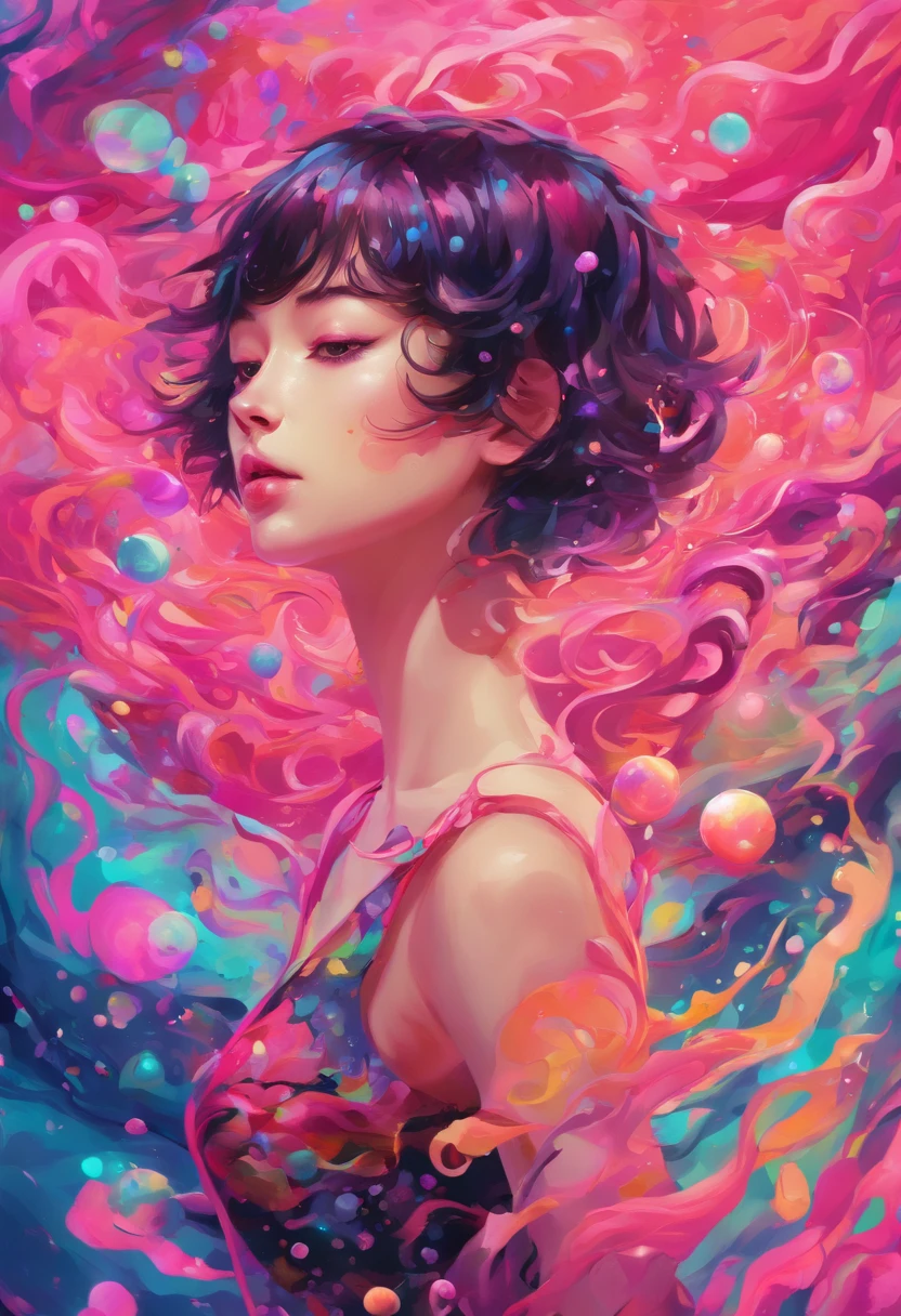 ((top-quality, 8K)), (Realistic), (Face Focus: 1.1), (Black and pink: 1.3), Kawaii Girl, short-hair, 
Hair fluttering in the wind, Facing to the side, Look up at your face, Eyes closed, (Sleeveless: 1.1)、Skirt, D Cup Breasts, Countless soap bubbles、