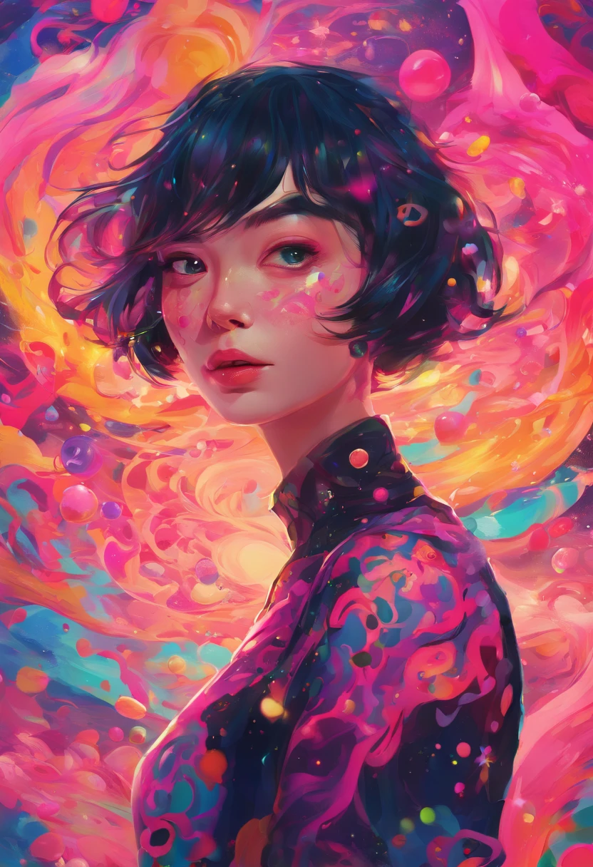 ((top-quality, 8K)), (Realistic), (Face Focus: 1.1), (Black and pink: 1.3), Kawaii Girl, short-hair, 
Hair fluttering in the wind, Facing to the side, Look up at your face, Eyes closed, (Sleeveless: 1.1)、Skirt, D Cup Breasts, Countless soap bubbles、