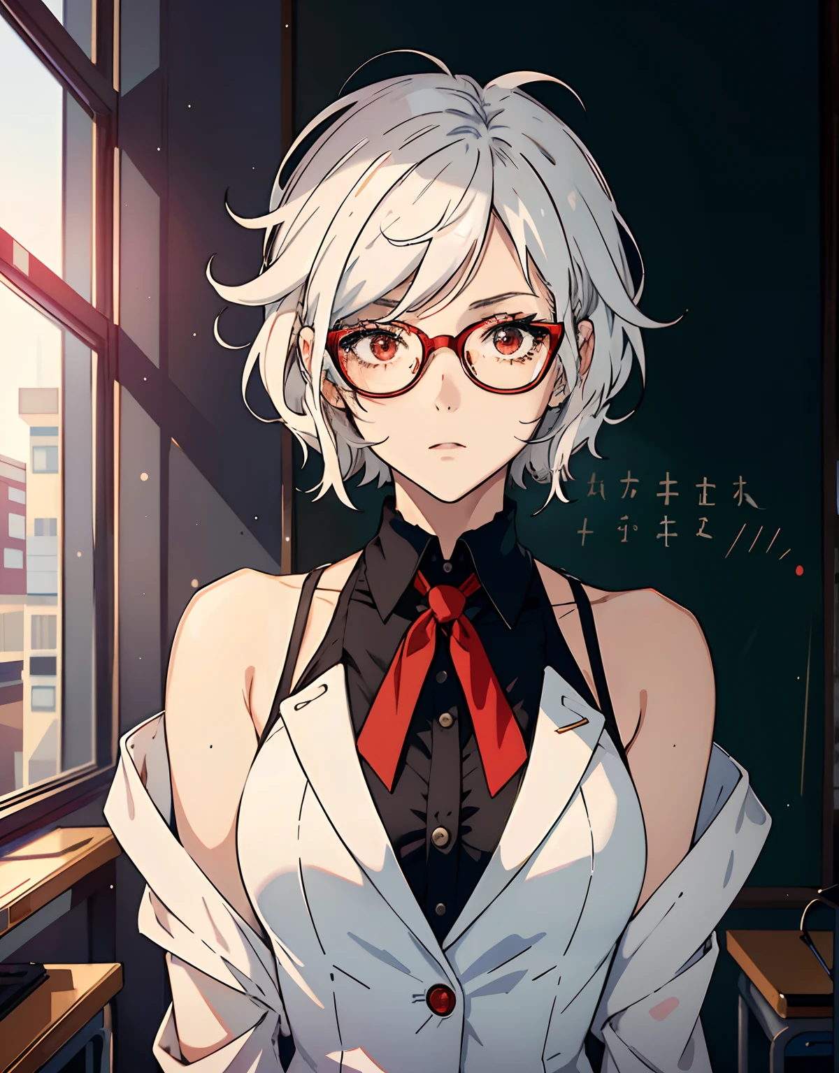((masterpiece, best quality)), (1girl, anime girl in the school, retro style),(mature, teacher), (solo), (female focus), (white hair, messy hair),red eyes, glasses,((teacher suit, black suit, exposed shoulder)), pale skin, shy, portraits, close up, upper body, vibrant colors, soft lighting