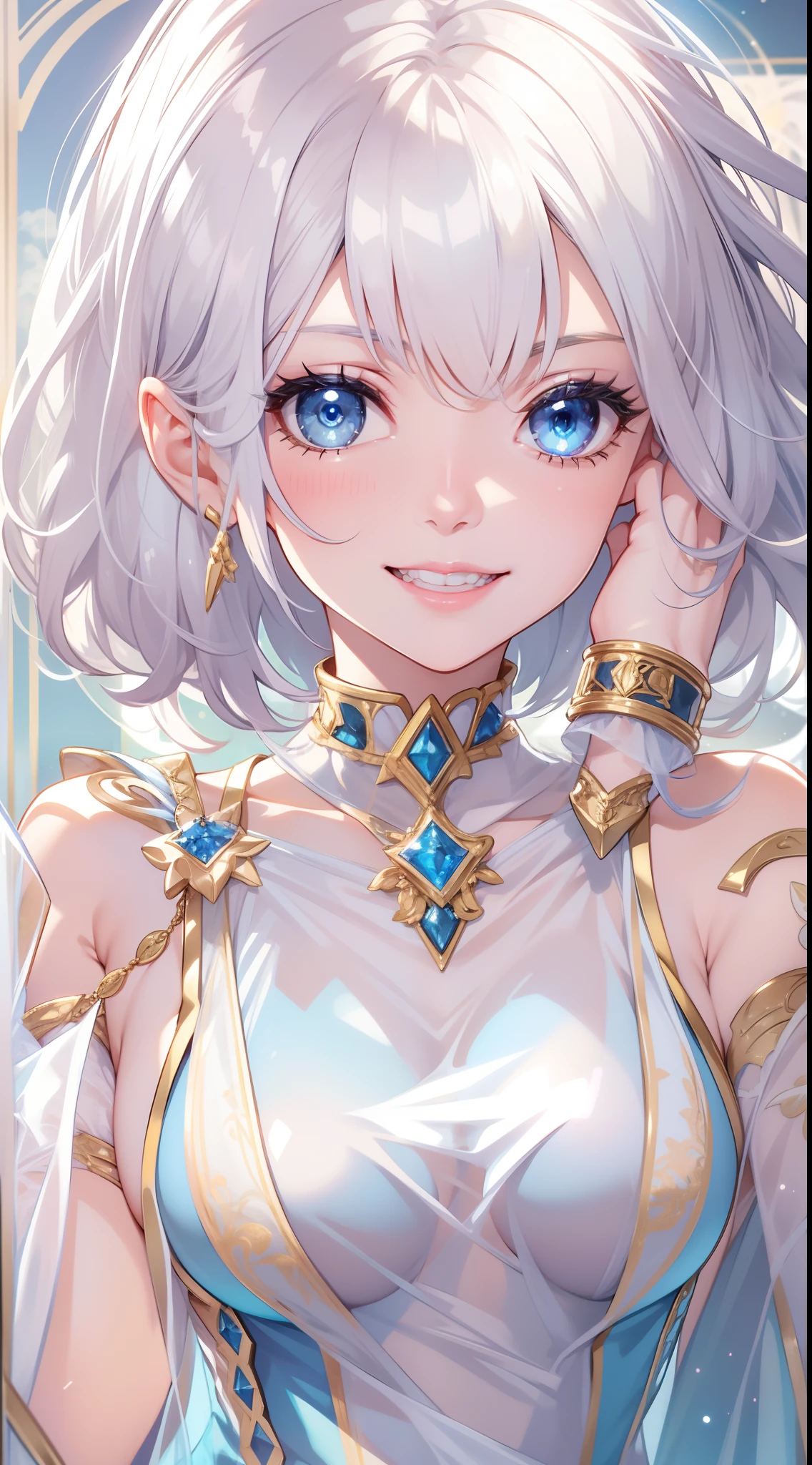 Adult woman, short white hair, blue eyes, ssmile, blue lipstick, The Queen's Transparent Dress, Gold Elements, Sleeveless, big breastes, open breasts, neckline on the chest, hiquality, 4k, HD, Good detail