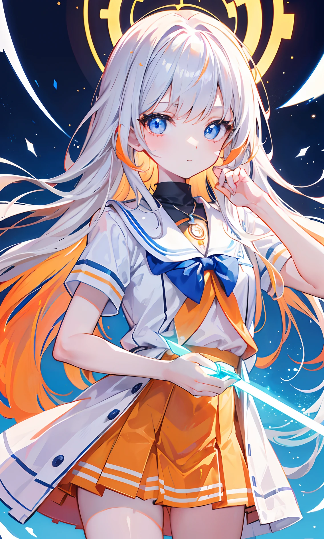 Glowing light orange with hair and pupils,They are also fluorescent,A school uniform in a glowing blue and white color,Very tender and shiny face,It also fluoresces,With a silver crystal pendant,The whole is shining,It's a sweet li girl