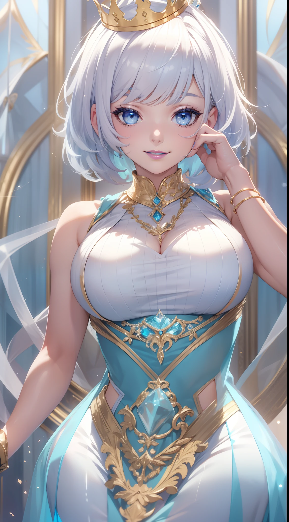 (3heads:1.5), (double cleavage), (tribreasts), realistic, 1girl, white hair, purple eyes, glowing eyes, crop top, skirt, parted lips, blush, night, flowers, sun, sunlight,