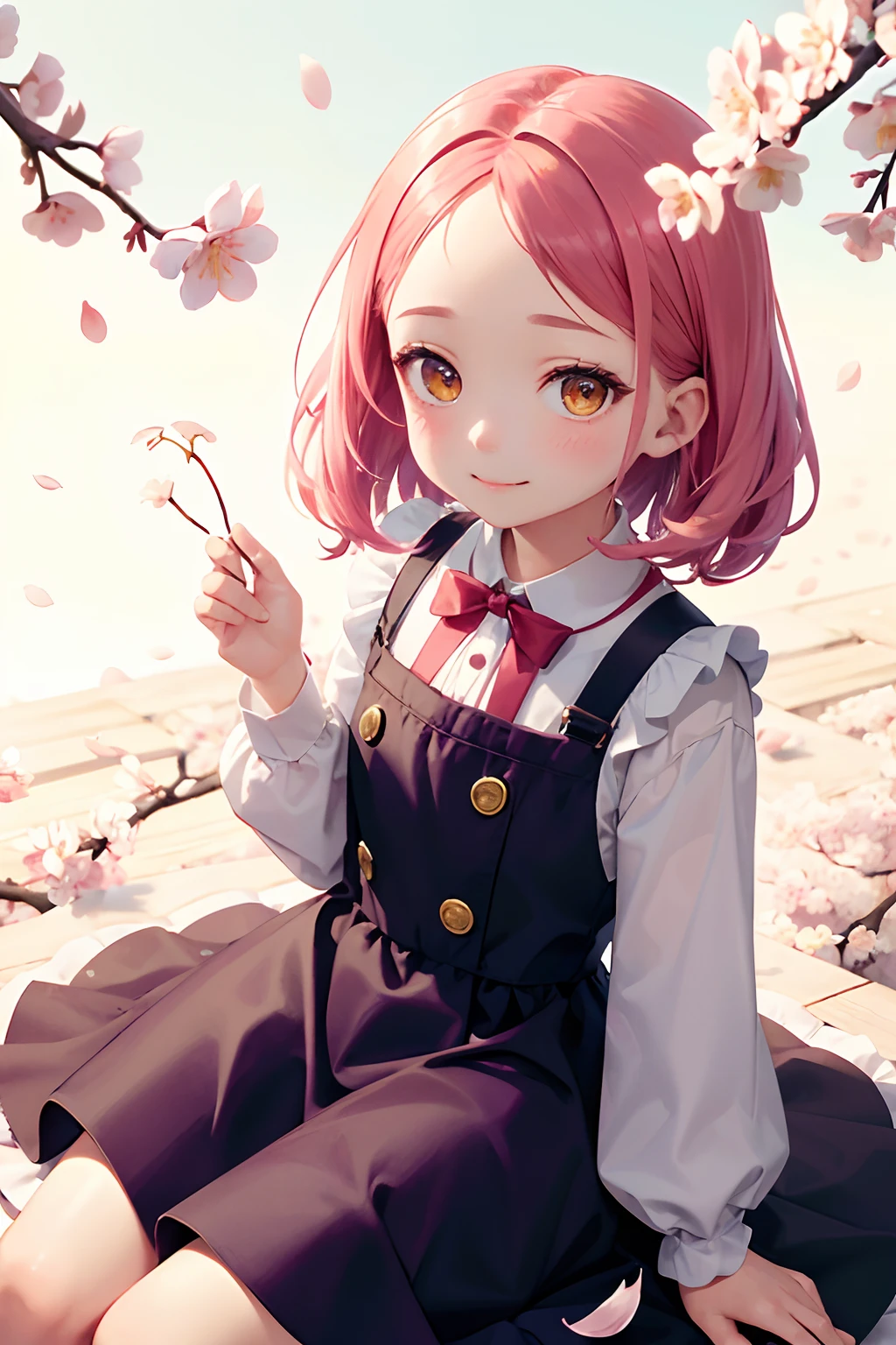 top-quality、Little girl sitting surrounded by cherry blossoms、（（Little girl））、Dress made of cherry、Hairstyle with visible forehead、a smile、Sakura-colored hair、Yellow eyes、(a lot of cherry blossom)