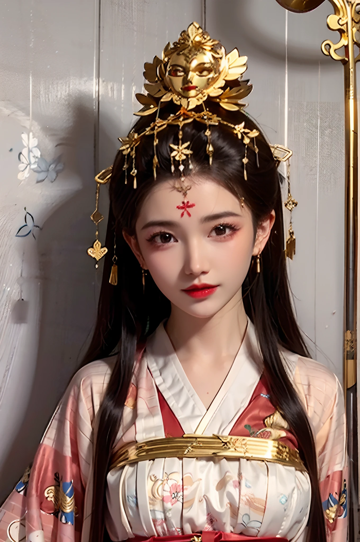 closeup of portrait,one-girl,Ancient Chinese clothing,single hairbun,(giant gold hairsticks on the head:1.5),