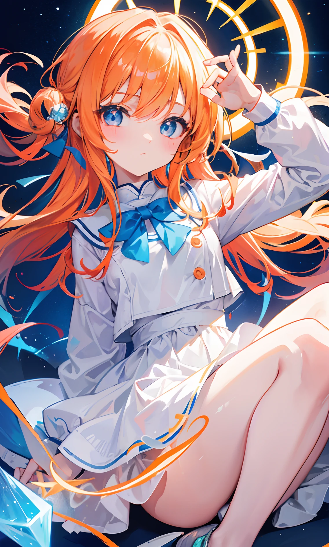 Glowing light orange with hair and pupils,They are also fluorescent,A school uniform in a glowing blue and white color,Very tender and shiny face,It also fluoresces,With a silver crystal pendant,The whole is shining,It's a sweet loli girl
