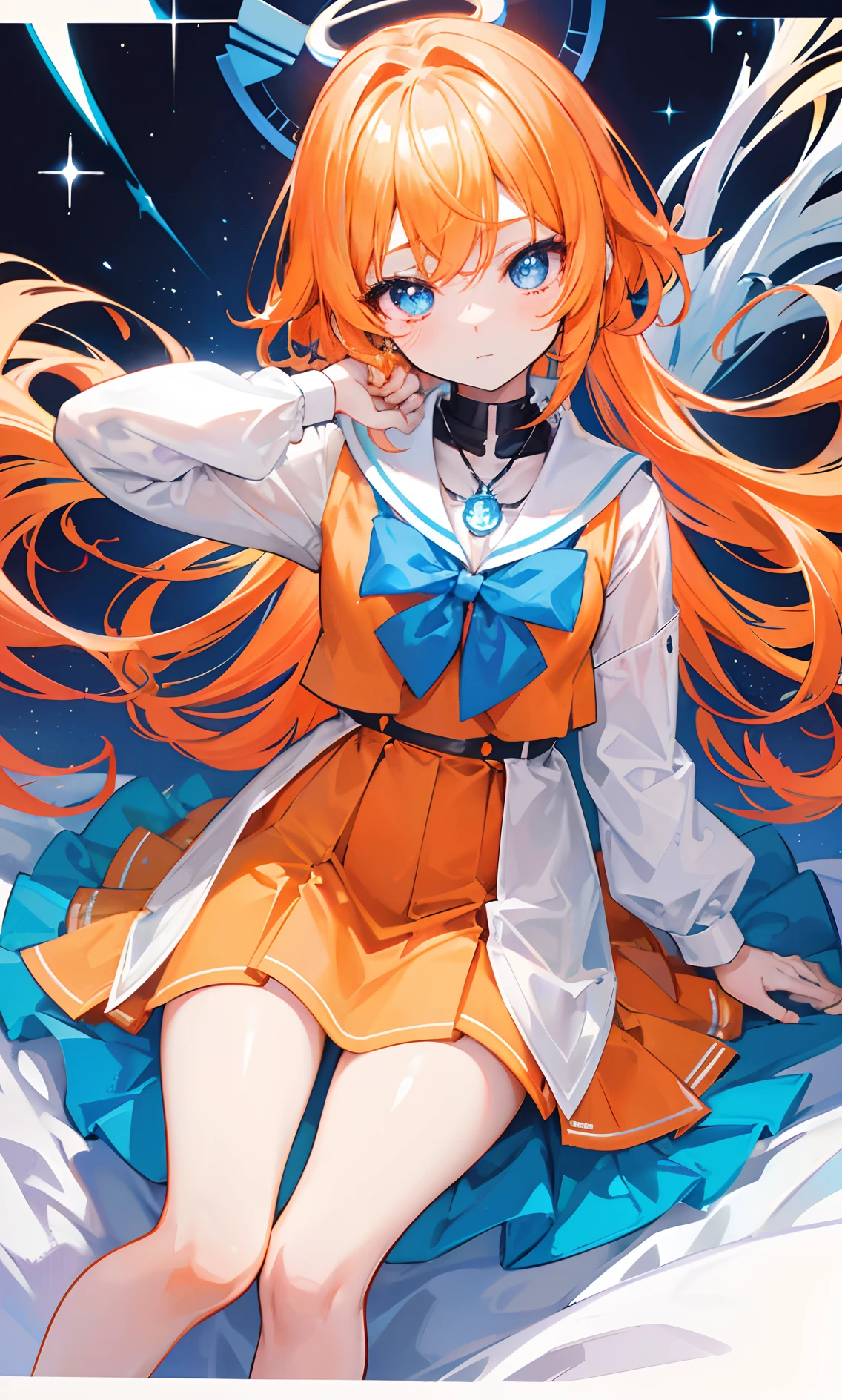 Glowing light orange with hair and pupils,They are also fluorescent,A school uniform in a glowing blue and white color,Very tender and shiny face,It also fluoresces,With a silver crystal pendant,The whole is shining,It's a sweet li girl