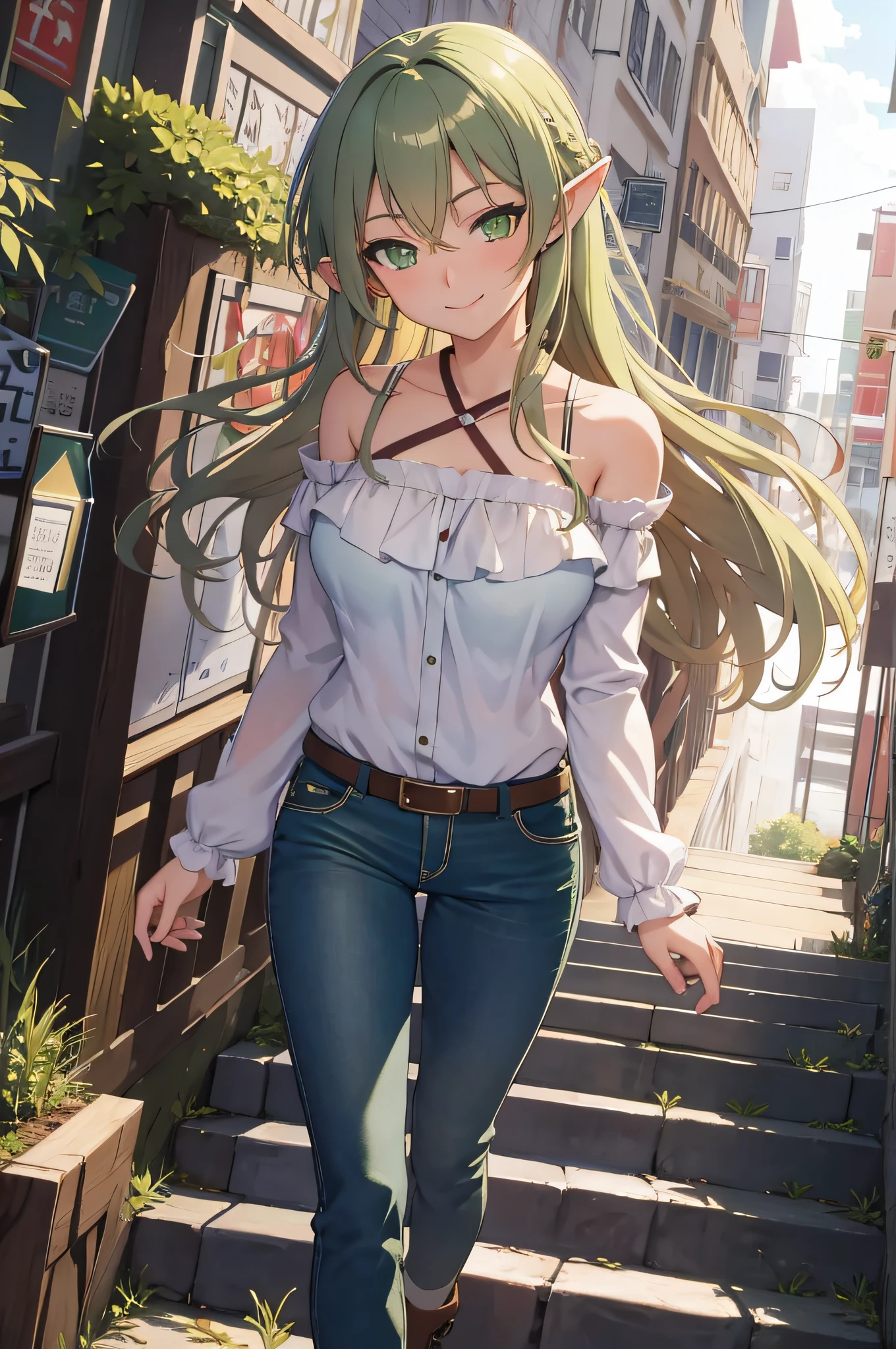 (masterpiece, best quality, detailed) ,1girl, highelfarcher, high elf archer, elf, (green eyes:1.5), (green hair:1.2), hair between eyes, long hair, pointy ears, sidelocks, jeans walking down the street,cute anime girl, pretty anime girl, smooth anime cg art, beautiful anime girl, attractive anime girl, ecchi anime style, seductive anime girl.teasing smile, clean detailed anime art,high resolution, (perfect hands, perfect anatomy),