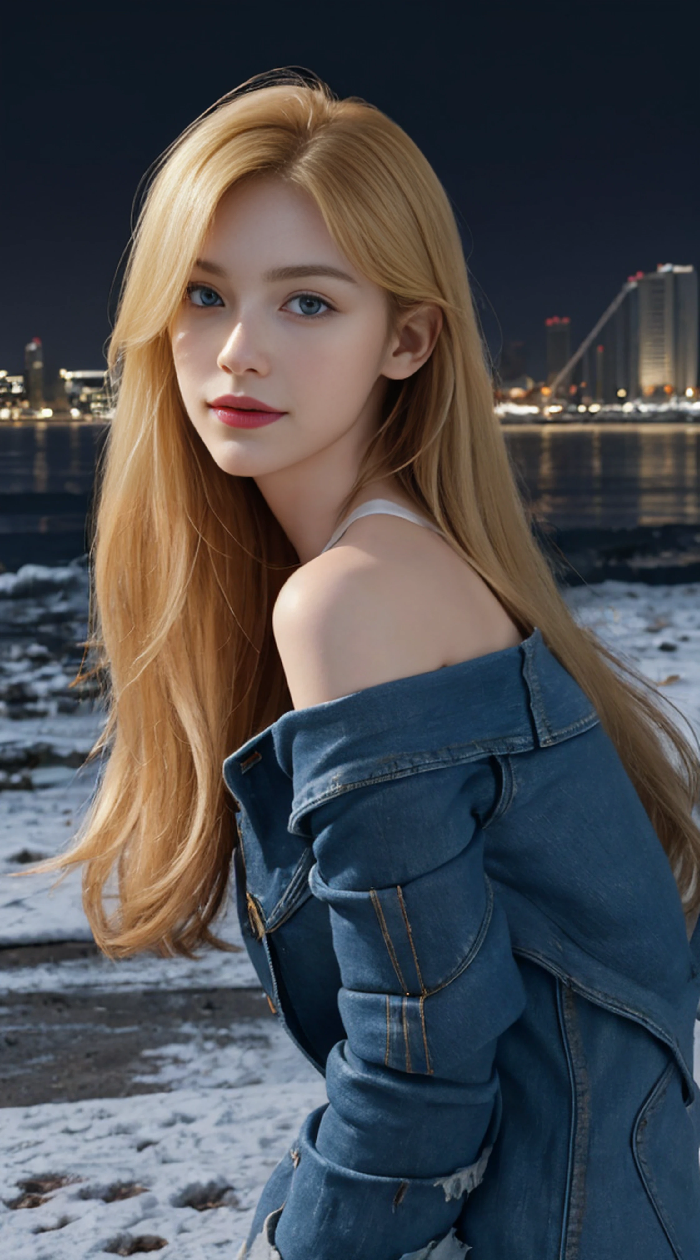 8K, Top Quality, Intricate Details, Ultra Detail, Ultra High Resolution, Masterpiece, random angle, Slender, Smile, (Makeup: 0.4), (Fluffy Blue Eyes: 1.21), blue Eyes, looking at viewer, ((full body)), 1girl, solo, 1 girl, (( full body)), close up shot, , ((tall)), (((fit body))), (((slim face))), sharp face, sharp eyes, ((( golden hair, very long hair, )) , (detailed face), sharp face, small lips,
(()), ((torn denim, ripped denim)), detailed face, detailed breast, , large breast, detail ass, , Beautiful girl with accentuated slender abs: 1.4, Six Pack Abs: 1.4, Bust Botox, Big, Perfect Body, detail leg, (( moonlight)), in the snow