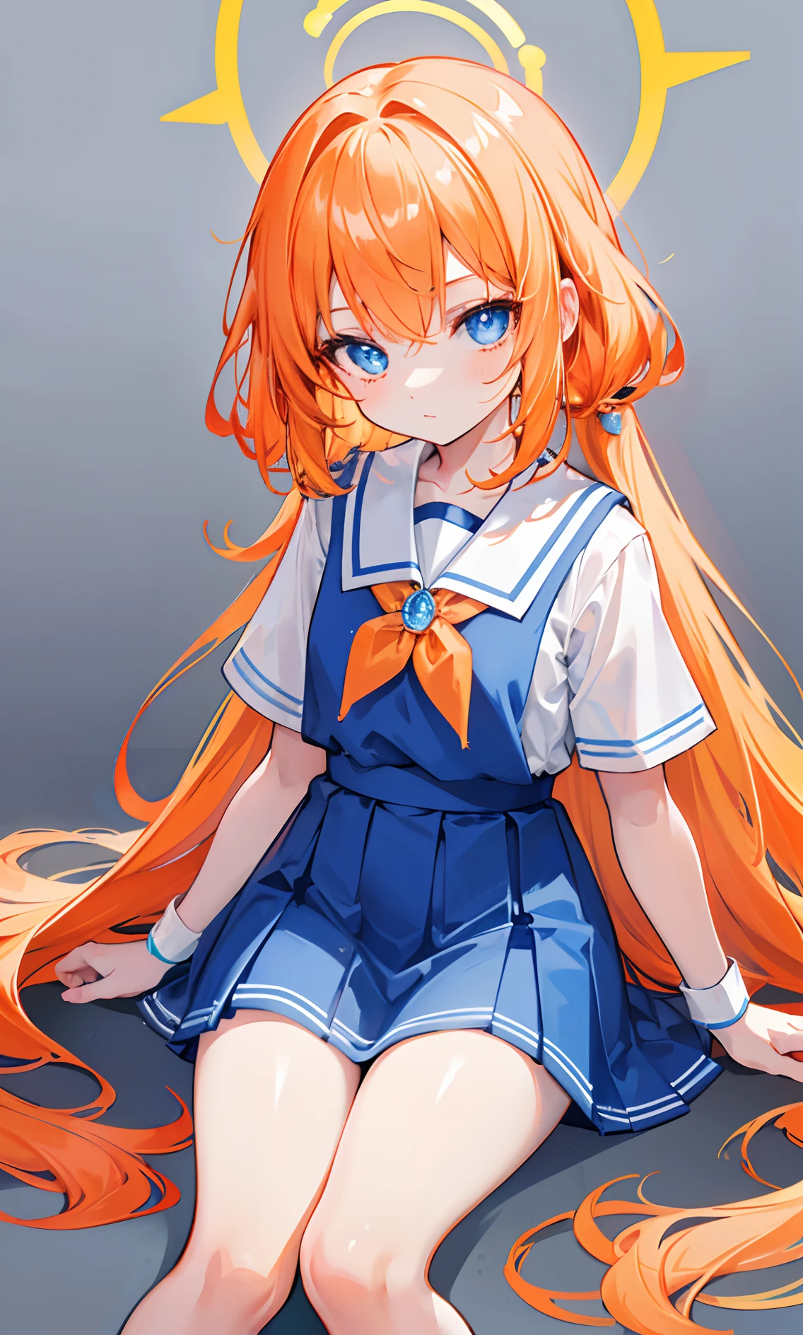 Glowing light orange with hair and pupils，They are also fluorescent，A school uniform in a glowing blue and white color，Very tender and shiny face，It also fluoresces，With a silver crystal pendant，The whole is shining，It's a sweet loli girl