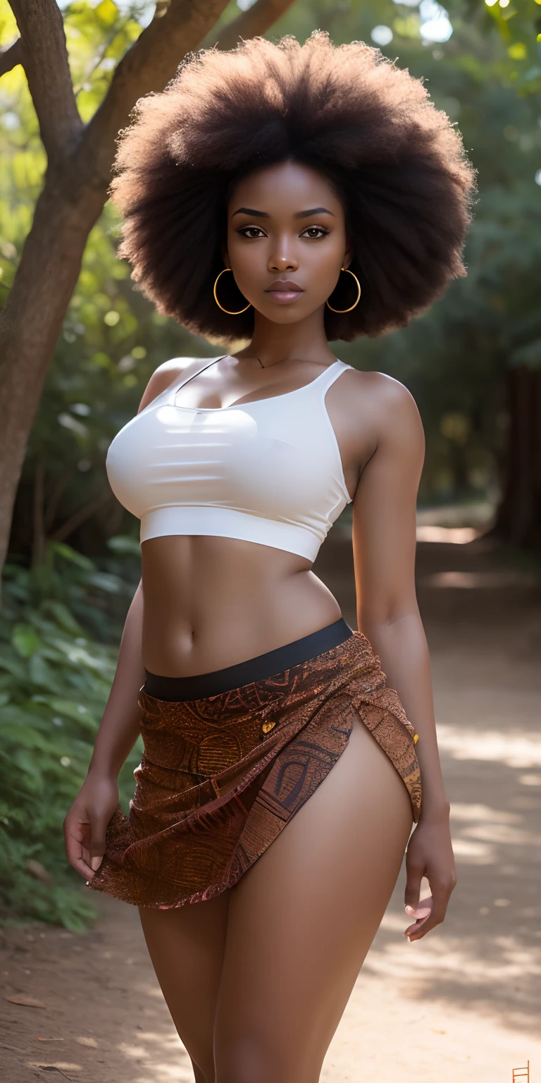 SFW, uploaded on e621, by Pixelsketcher, by Bayard Wu, by Thomas Benjamin Kennington , by Einshelm, solo anthro, ((face portrait)), BREAK, ((mini under boob tee, short skirt)), natural park, ((, showing belly button)), ((massive afro)),(detailed Bonifasko lighting), (detailed skin), (detailed deep ebony skin), (dark skin, ebony, deep ebony), (her own arm holding her own head), BREAK, ((mini under boob tee, short skirt)), ((natural park)), ((facing viewer)), (cinematic lighting), ((detailed background)), ((face portrait view)), (((portrait view))), (half body shadow), [backlighting], [crepuscular ray], [detailed ambient light], [gray natural lighting], [ambient light], (higher detail), [explict content], [sharp focus], (questionable content), (shaded), ((masterpiece), her own arms holding her own head, medium breasts, african girl, African face, African Art, African Art, Commission for High Res, African Art, Art,Sakimichan beautiful, masterpiece, medium breasts, best quality, detailed image, bright colors, detailed face, perfect lighting, perfect shadows, perfect eyes, girl focus, eyes, flawless face, medium breasts, face focus, (massive afro)) African, African girl, dark skin, deep ebony woman, ebony nose, sexy mouth, gaze at the viewer, eyes, 1girl, solo, (masterpiece), (best quality), (illustration), (cinematic lighting), detailed dark skin, balanced coloring, global illumination, ray tracing, good lighting, deep ebony, African, showing breasts, cleavage, looking at viewer, seductive look, SFW